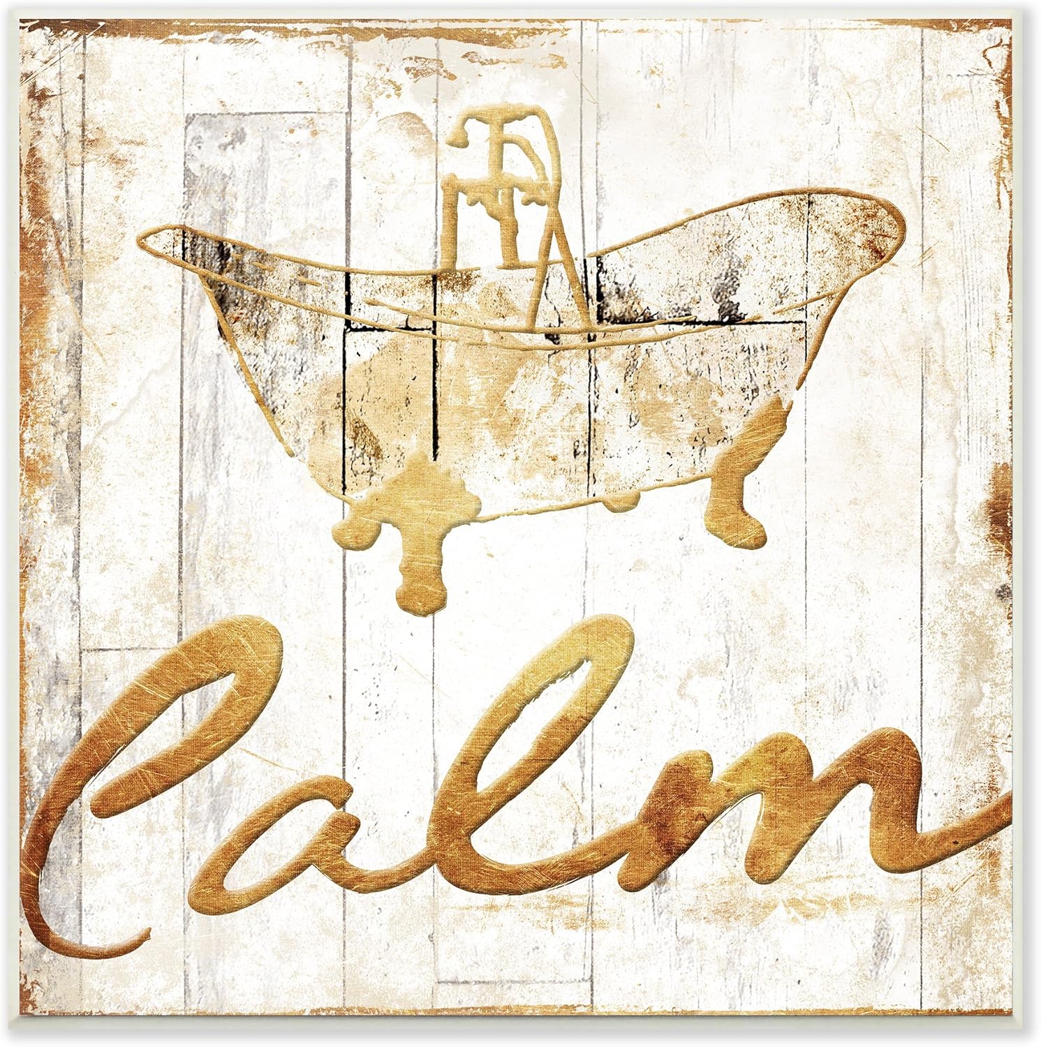 Stupell Home Décor Calm Bath Tub Gold Planked Look Wall Plaque Art, 12 x 0.5 x 12, Proudly Made in USA