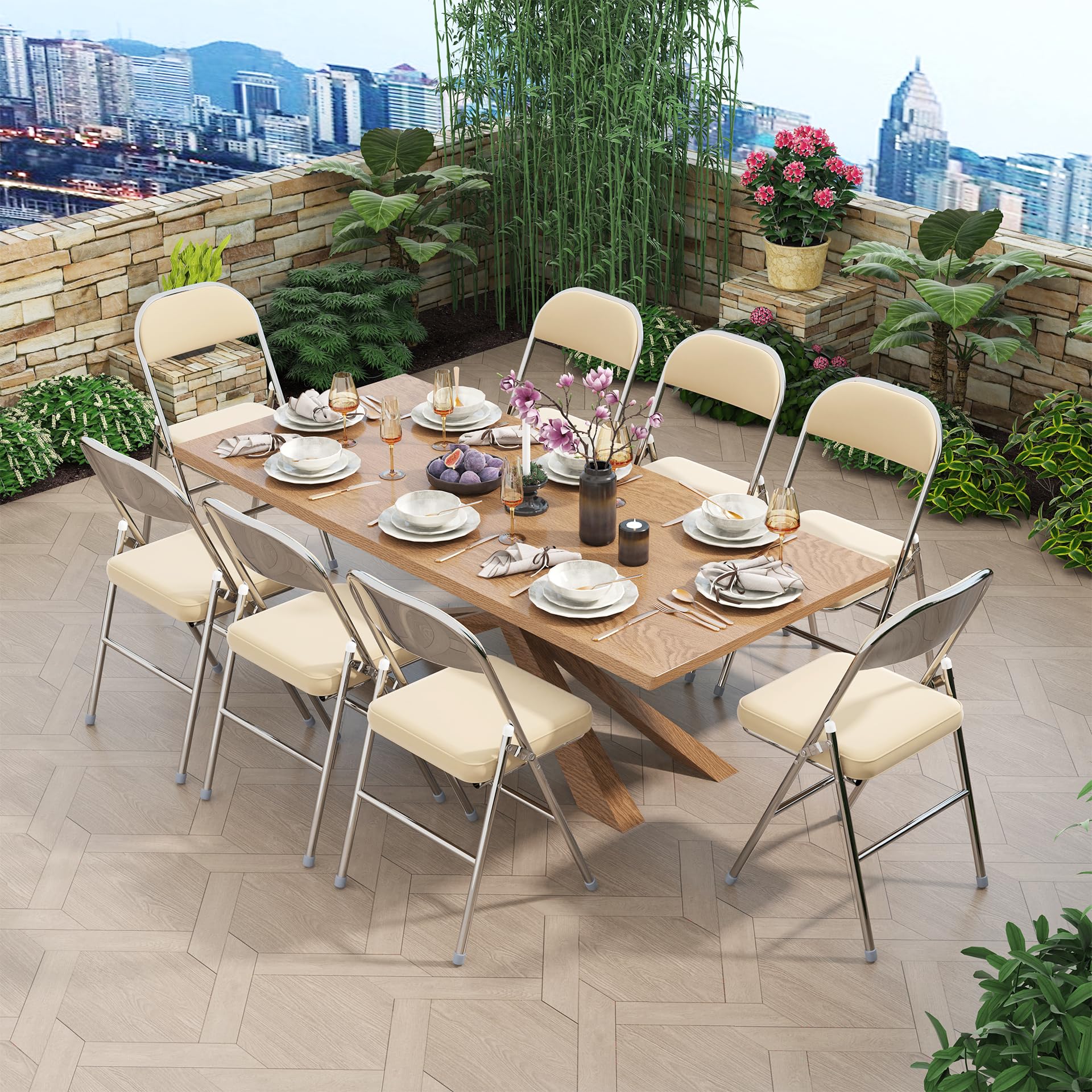 2 Pieghevoli comode di Alta qualità in Metallo, Imbottite in Ecopelle Resistenti salvaspazio, Sedia per Interno Esterno Viaggio Cucina Soggiorno Camera da Letto Giardino 42x46x80 cm, beige