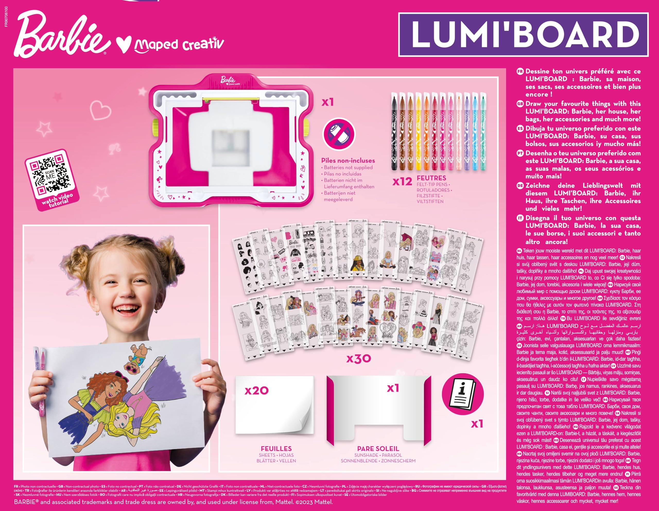 Maped Creativ - Barbie Lumi Board - Stół do rysowania ze światłem - Kolekcja Creativ - 30 szablonów Barbie - Zawiera osłonę słoneczną i markery - od 5 lat