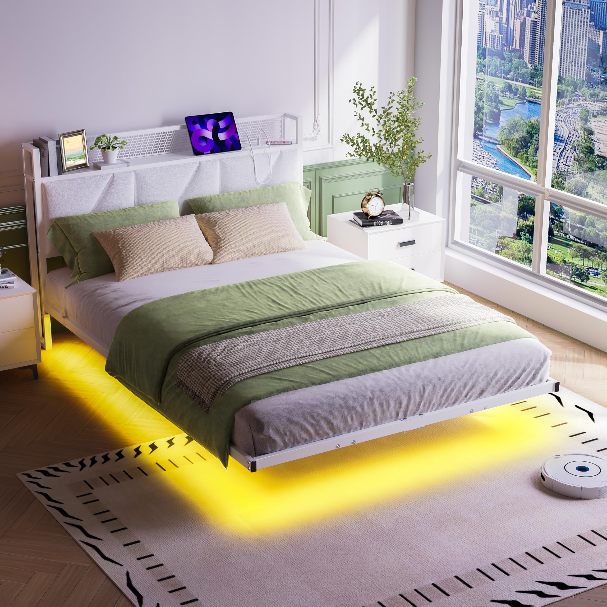 Marco de cama flotante de 120 x 200 cm con luces LED y estación de carga USB, marco de cama de plataforma metálica con cabecero acolchado y almacenamiento, listones de metal resistentes, libre