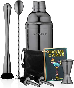 Modern Mixology 8-Piece Cocktail Shaker Set with Velvet Bag | Complete Cocktail Kit Gift Set | Top Bartender Gifts for Men & Women | Travel Bar Tools Black