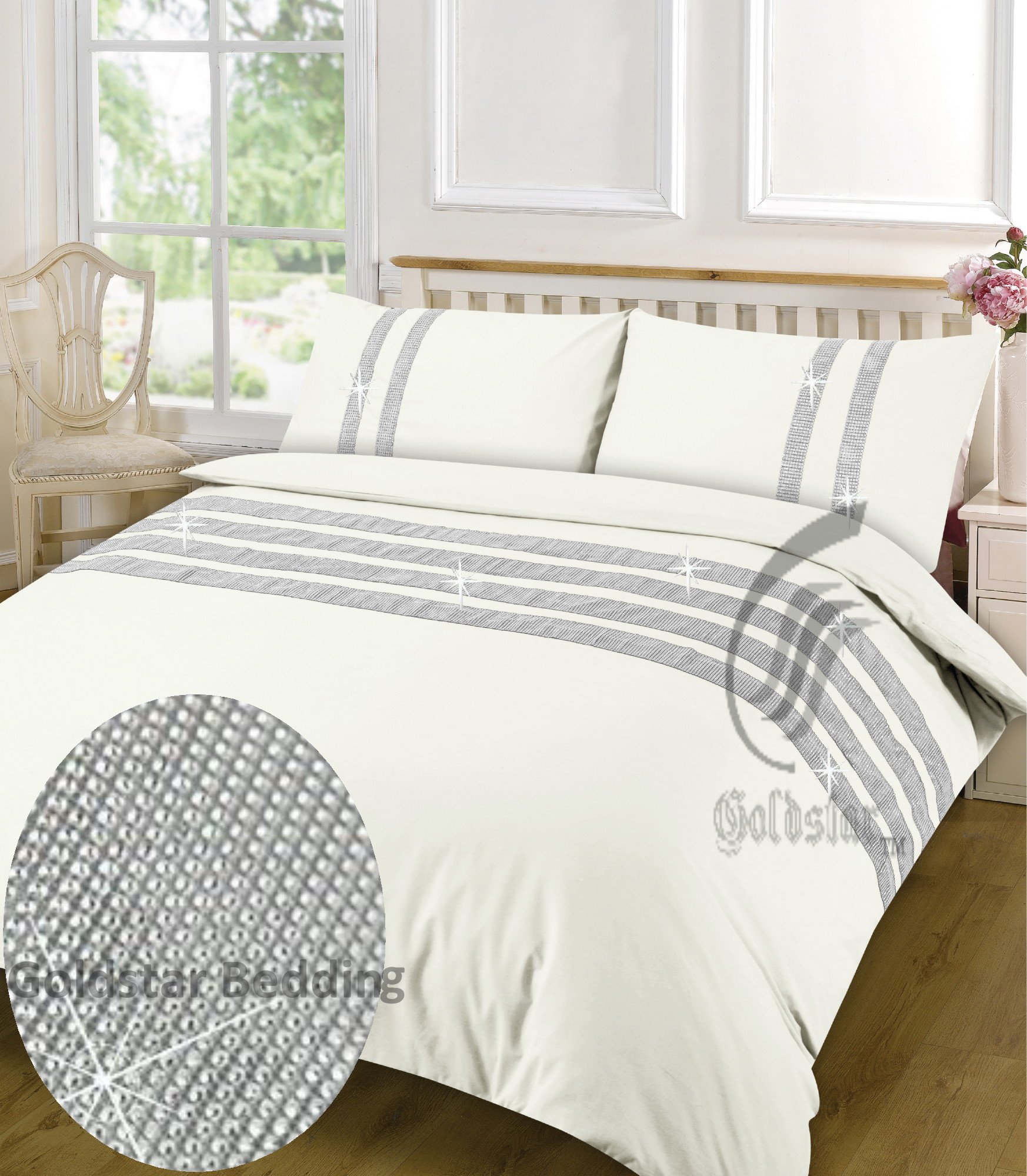 Goldstar® Cream Single 100% Egyptian Cotton 200 Thread Lace Diamond Duvet Quilt Cover Diamante Bedding Set With Pillow Case