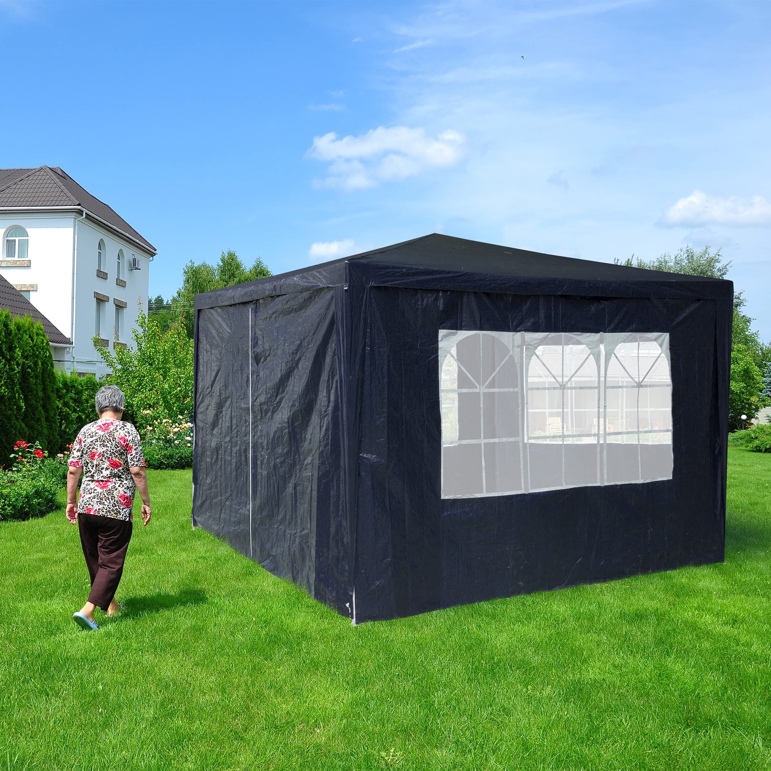 Relaxdays Tende per Gazebo Laterali, Set da 4, Telo Impermeabile in PVC, Pareti 3x2 m, 3 con Finestre, Parasole, Blu