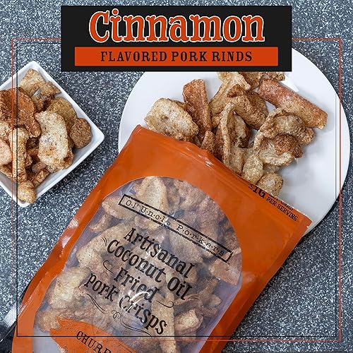 Miniatura 3 de Ol' Uncle Porkers Cortezas de cerdo aptas para dieta cetogénica fritas en aceite de coco, bolsas de 8 onzas (sabor canela churro, paquete de 1)