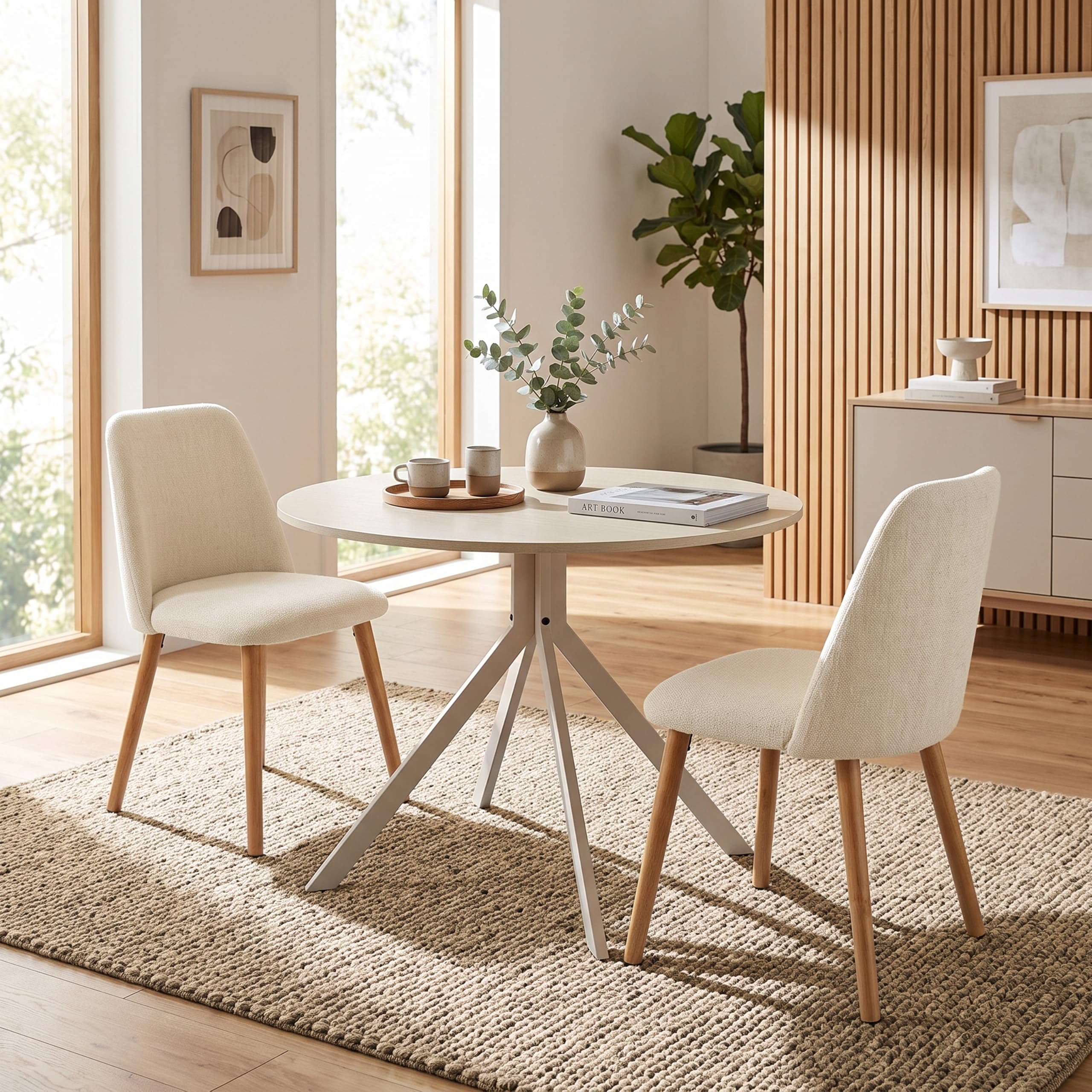 Conjunto de Comedor 5 Piezas: Mesa Redonda de 100 cm con 4 sillas, Ideal para Cocina, Comedor y salón.Travertino Mesa +Crema Silla