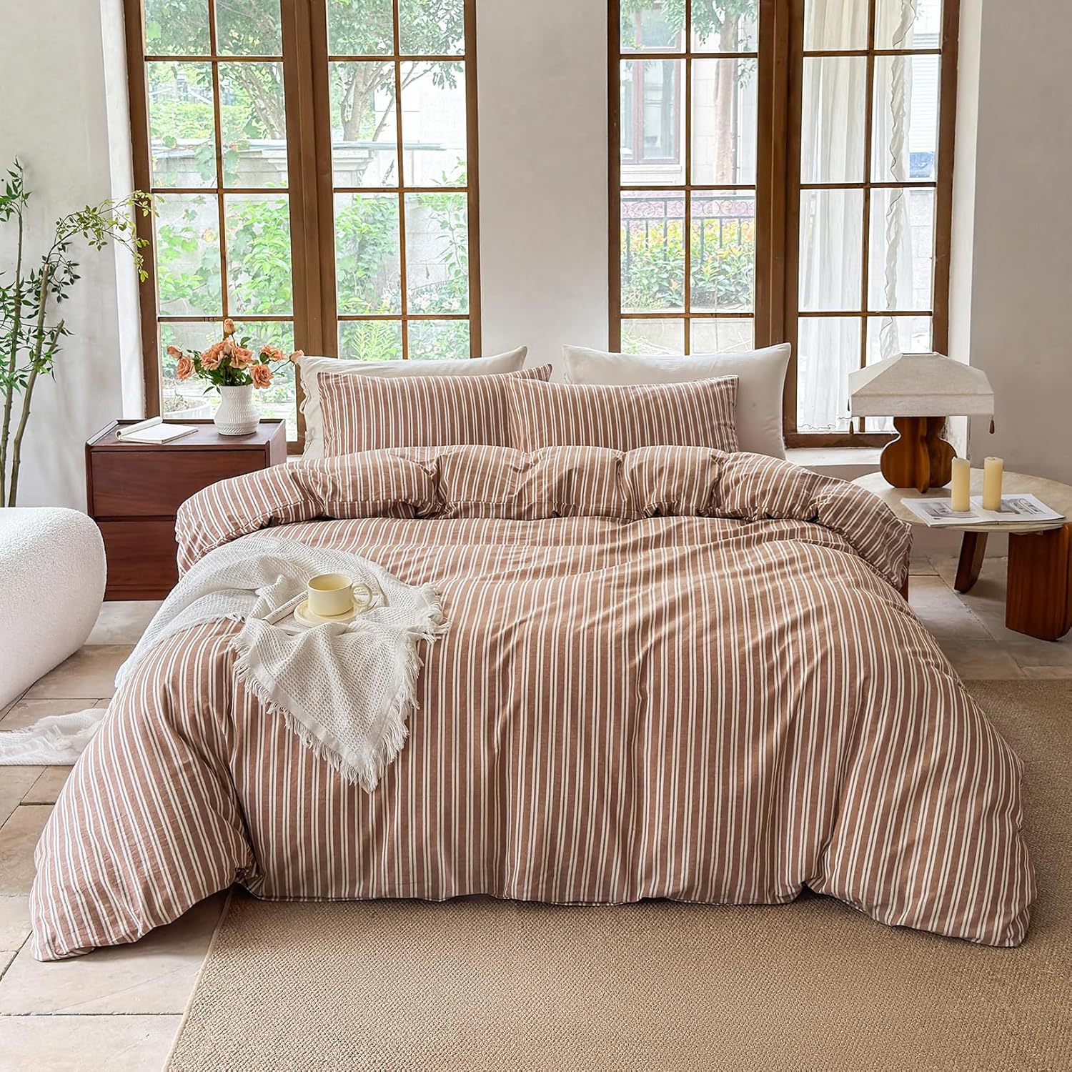 Striped Duvet Cover Set 100% Washed Cotton Linen Like Soft Feelling Breathable Bedding(Burnt Orange/White Strip,Queen) - Image 2