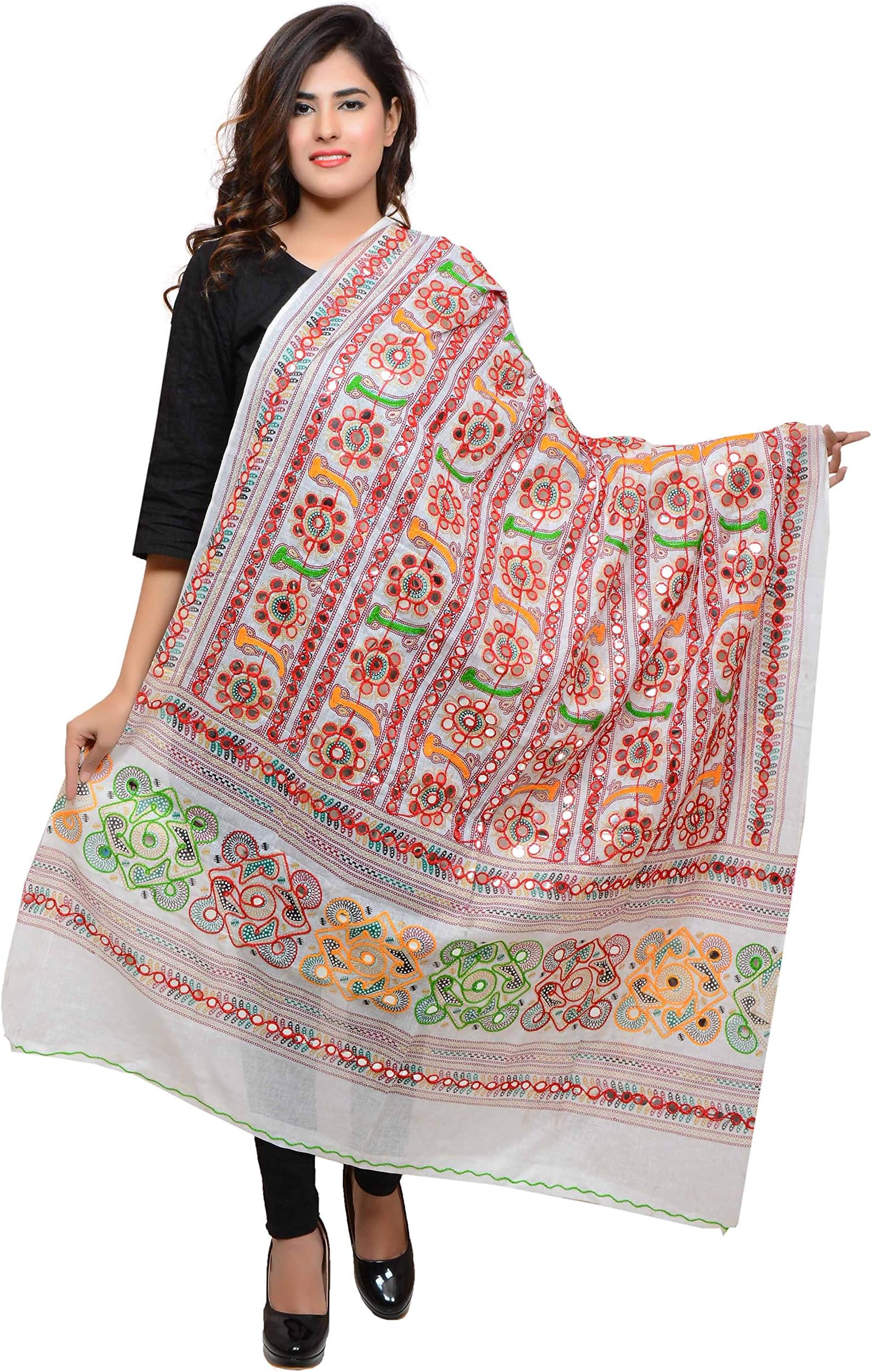 Banjara Women's Cotton Stoles & Dupattas Kutchi Bharchak Free Size, White, One Size