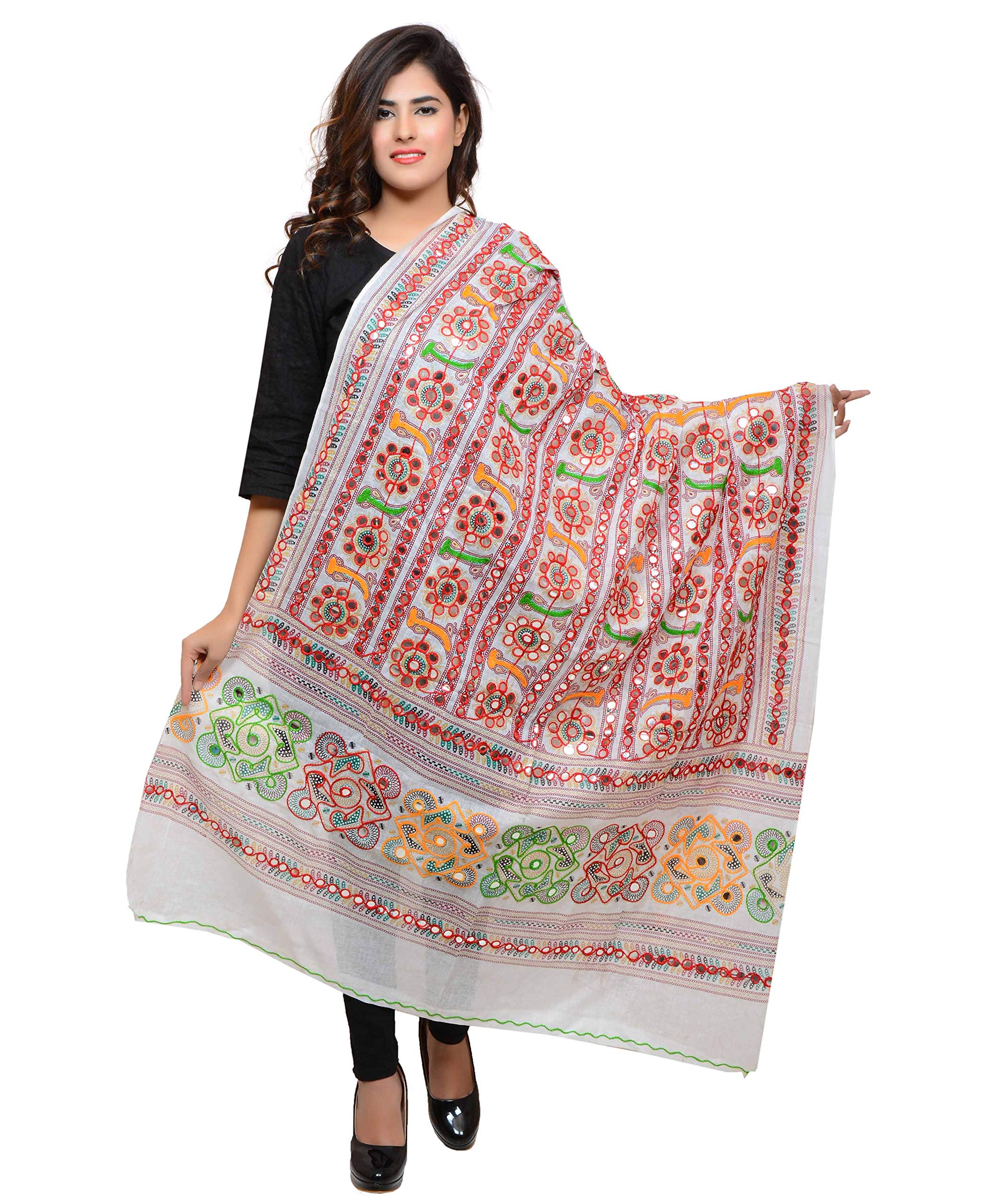 Banjara IndiaBanjara Women's Cotton Stoles & Dupattas Kutchi Bharchak Free Size, White, One Size