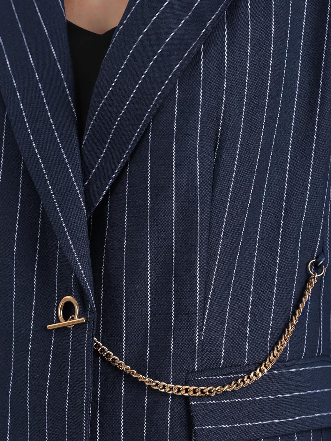 Women's Striped Blazers Lapel Collar Chain Decor Long Sleeve Work Office Jackets