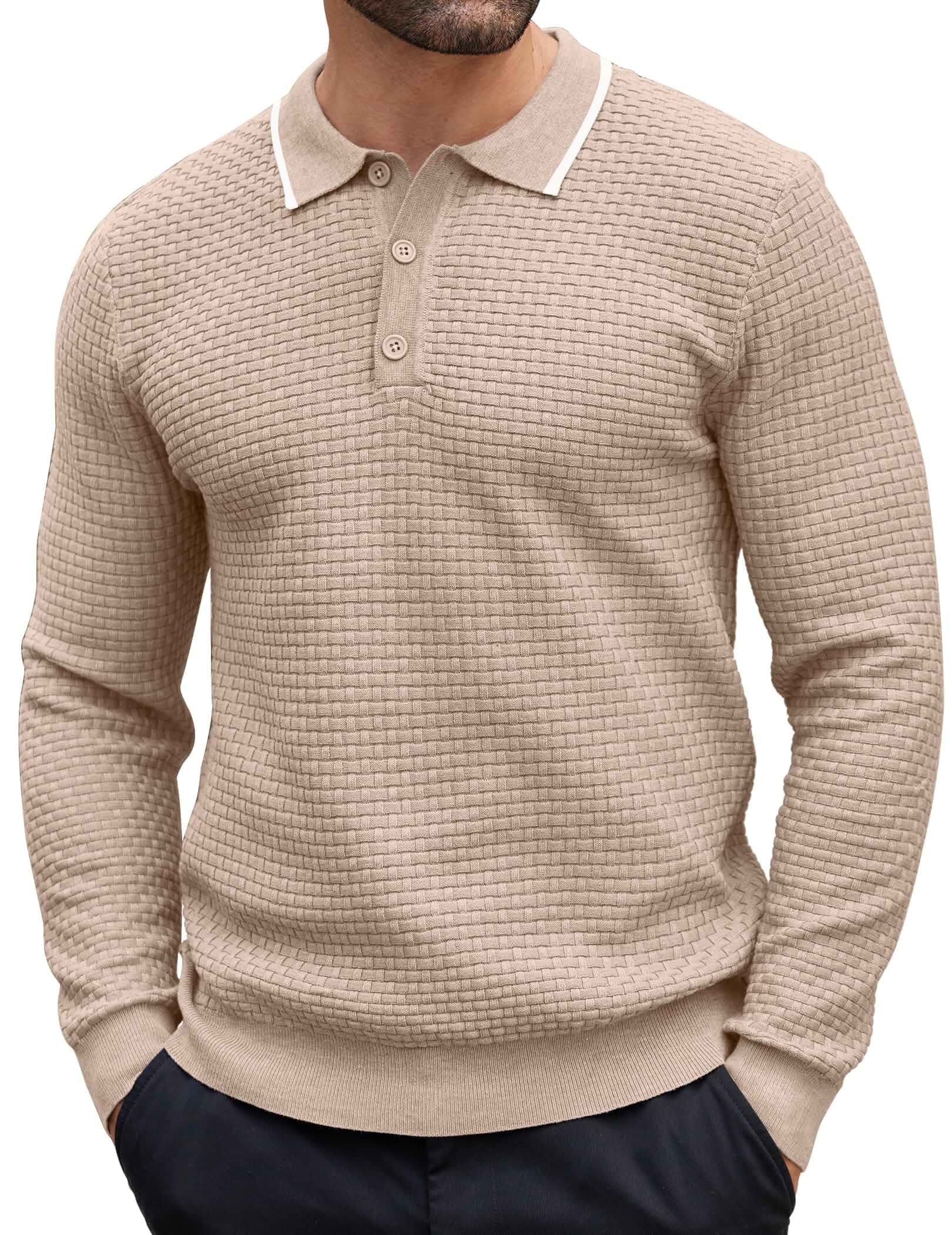 COOFANDY Men's Knit Polo Shirts Casual Collared Long Sleeve Sweater Polos Lightweight Pullover Shirts, 3 Button, Business Winter Fall, Knitted Collared Shirts