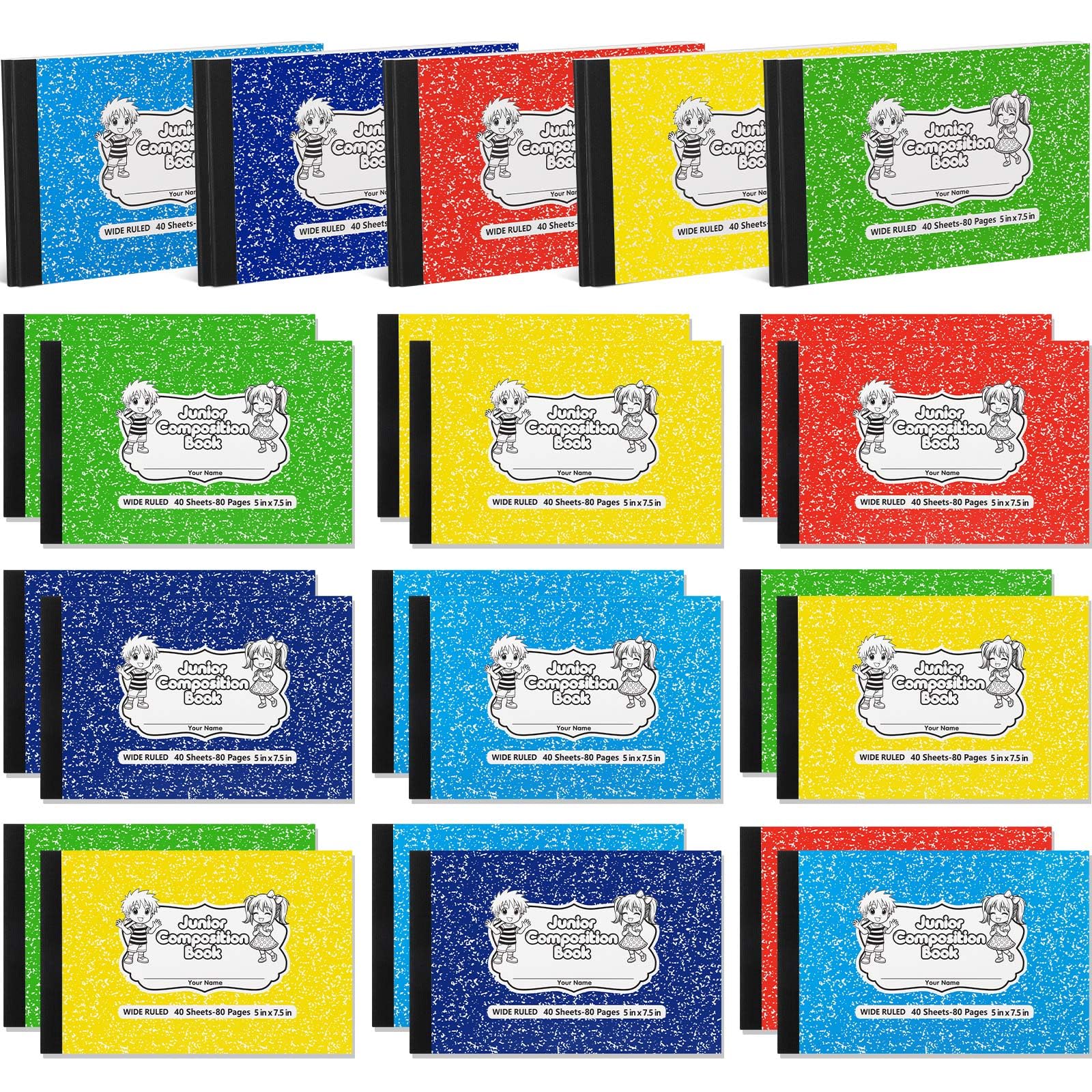Fainne Confezione da 20 quaderni per composizione junior, 12,7 x 19,5 cm, a righe da 3/8", 50 fogli con copertina in marmo, piccoli quaderni per forniture scolastiche elementari (multicolore)