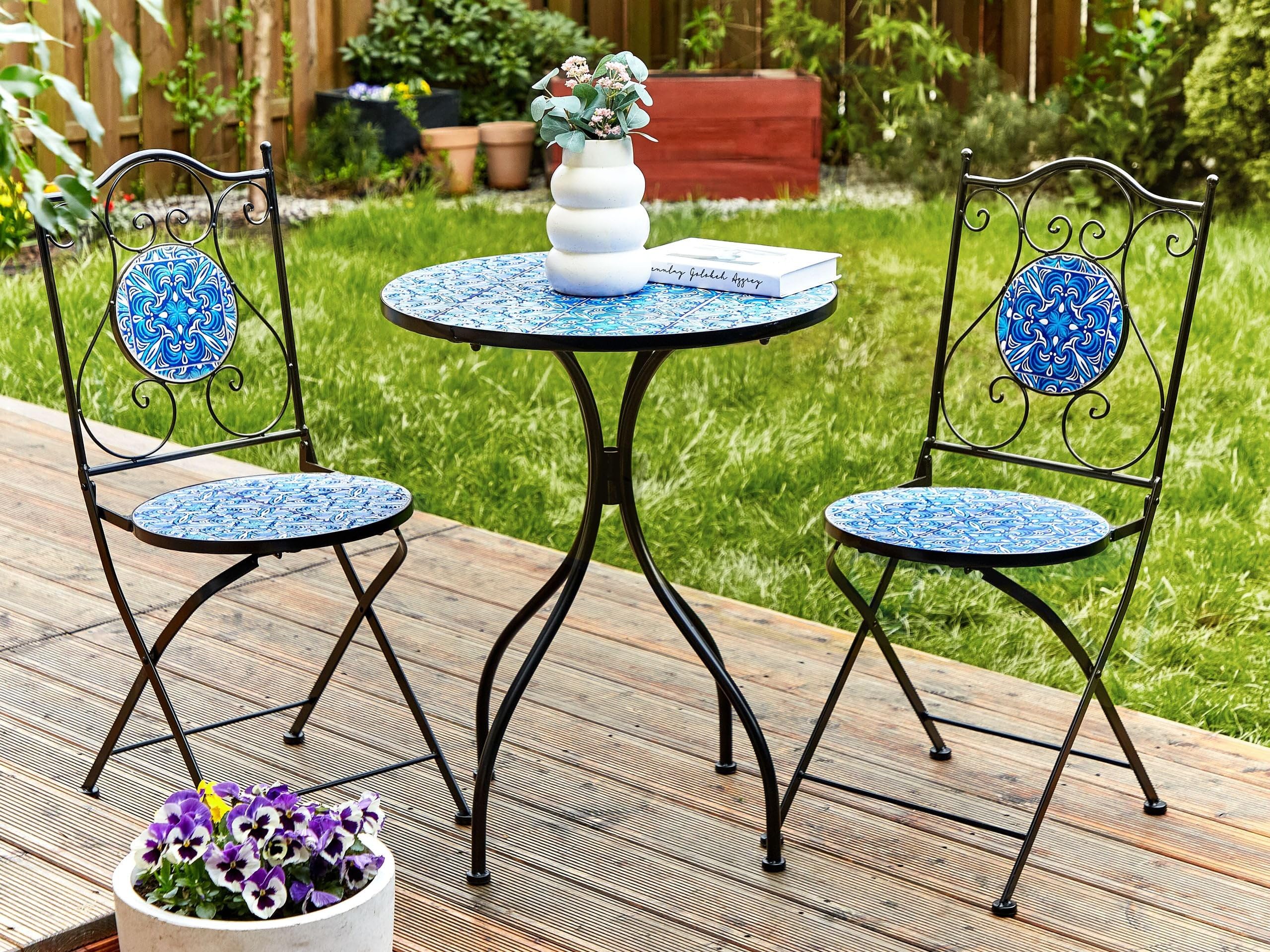Balkon Set Metall schwarz / blau Mosaik Muster 2 Stühle 1 Tisch Cigliano