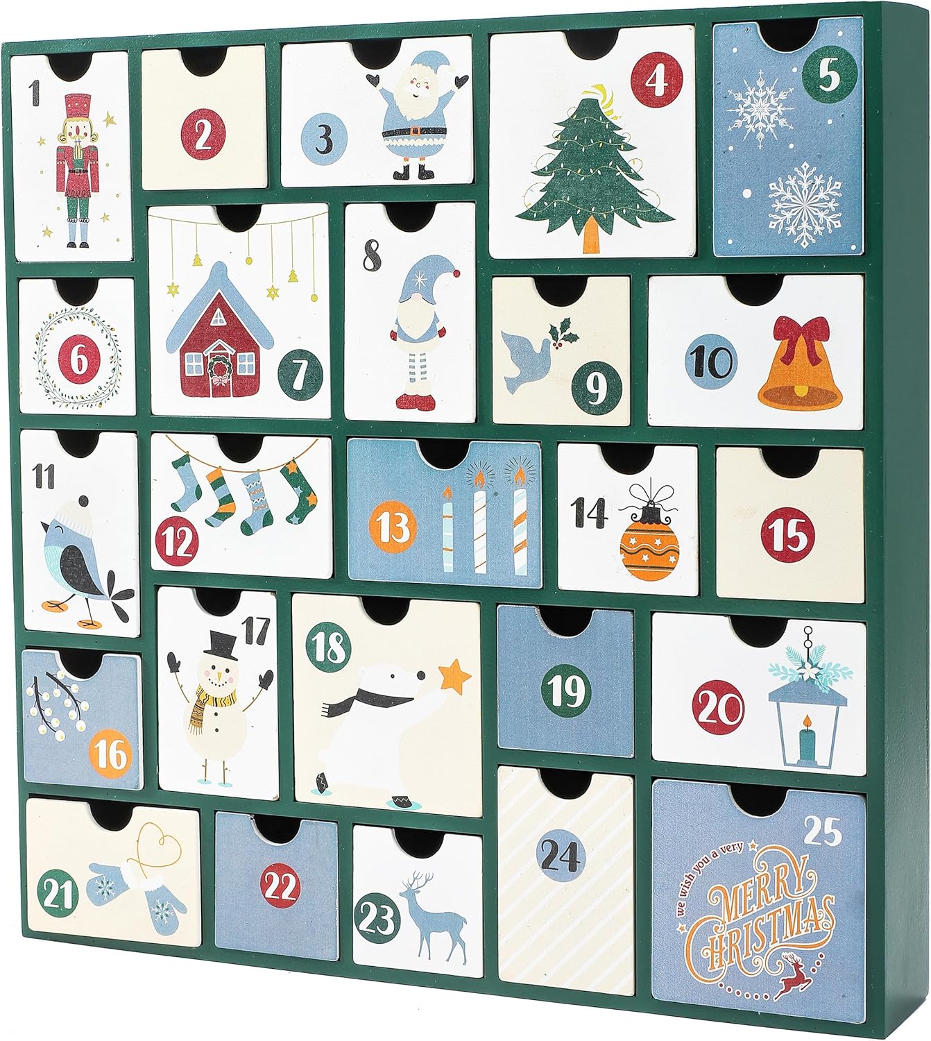 SUNGIFT Wooden Advent Calendar - Green Wood Reusable Advent Calendars with 25 Drawers, Christmas Empty Refillable Advent Calendar to Fill 2025