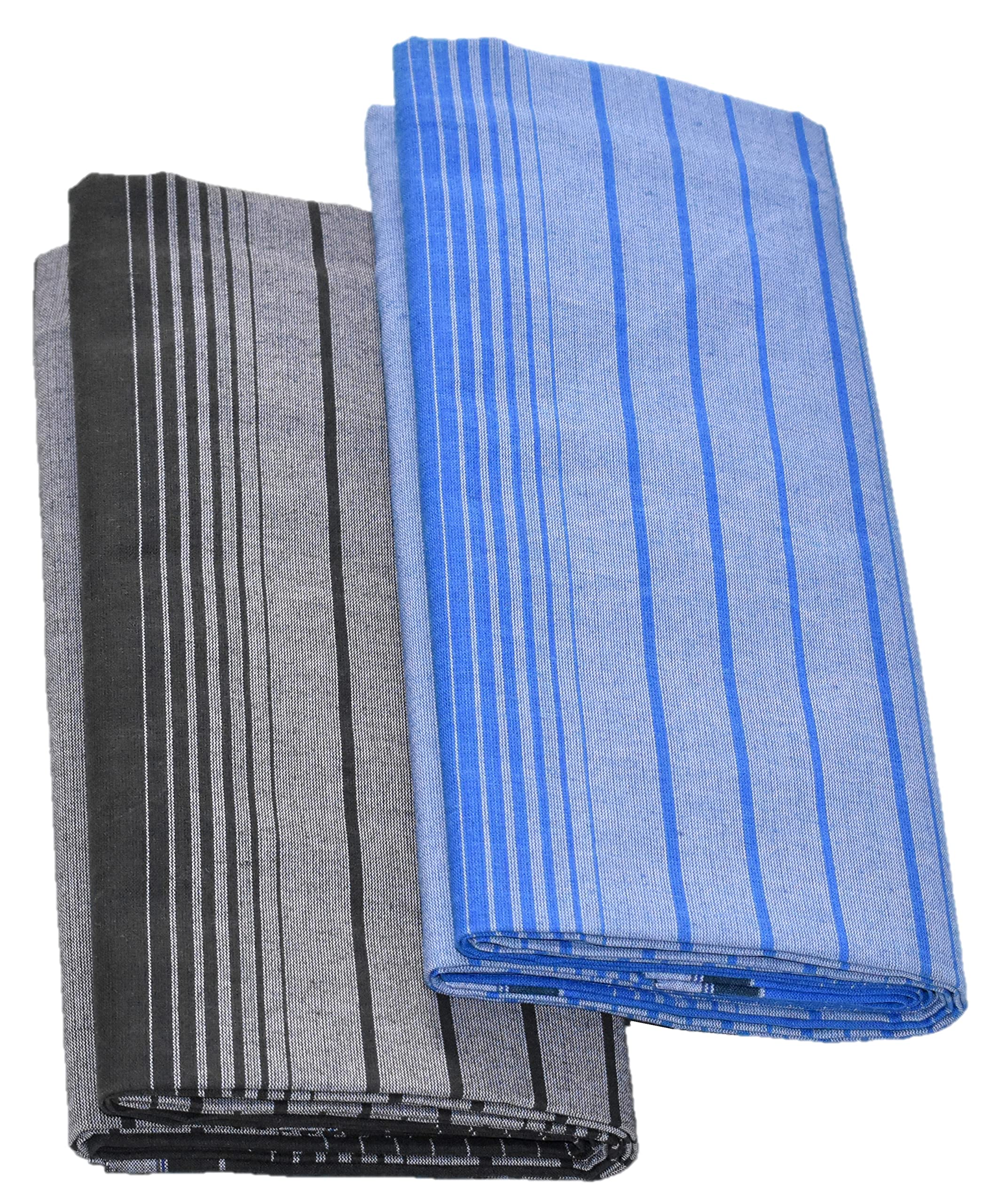 TUNI MANI Men's Cotton Lungi Stitched Ring Design/Blue & Black/Length- 2.25m (Pack of 2)
