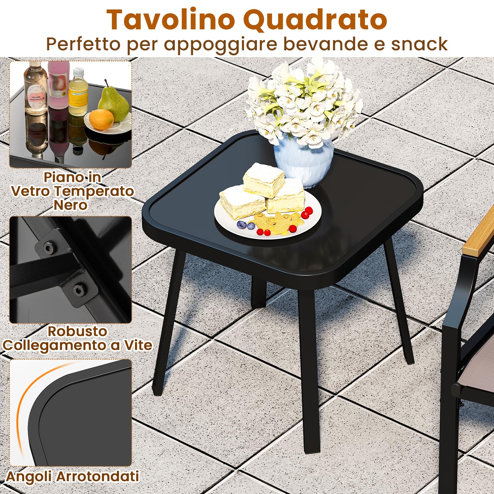 RELAX4LIFE Tavolo da Giardino con Sedie, Tavolino Salotto con Piano in Vetro Temperato e 2 Poltrona Moderne in Tessuto Traspirante, Set Bistrò 3 Pezzi per Terrazza/Patio/Balcone, Portata 150KG+50KG