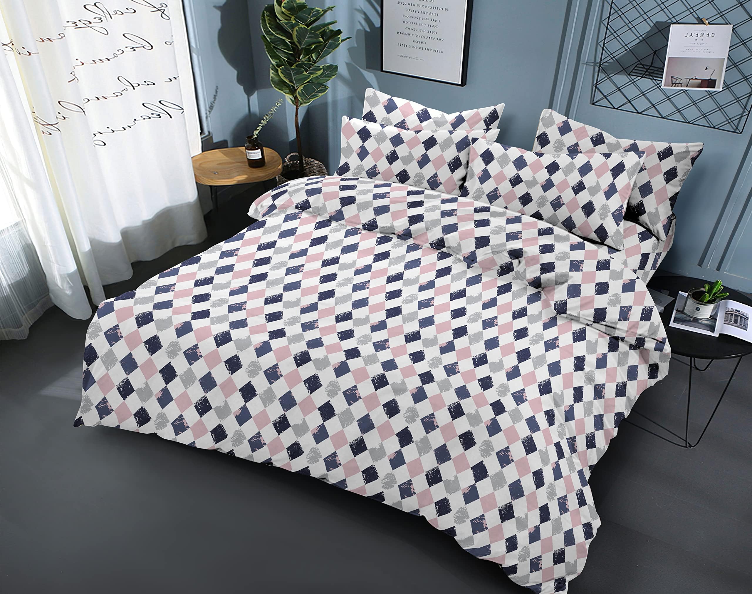 Sleep Well 90 GSM Bedsheet with Pillow Case (Blue & Pink Diamond Design, Single)