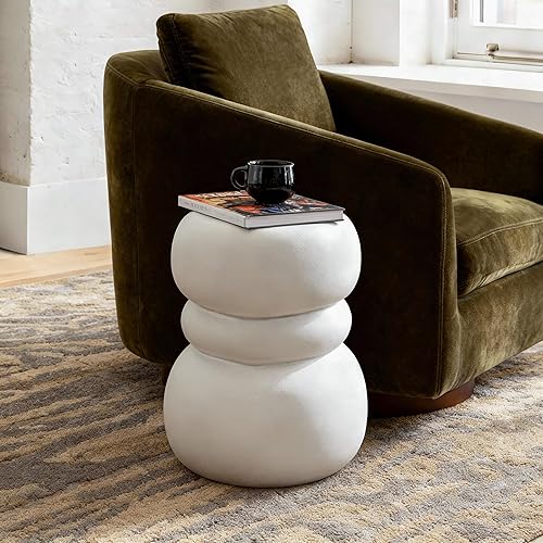 White Concrete Side Table Unique Sculptural End Table, 19 Tall Handmade Cement Accent Table, Curved Drum Pedestal End Table for Living Room,