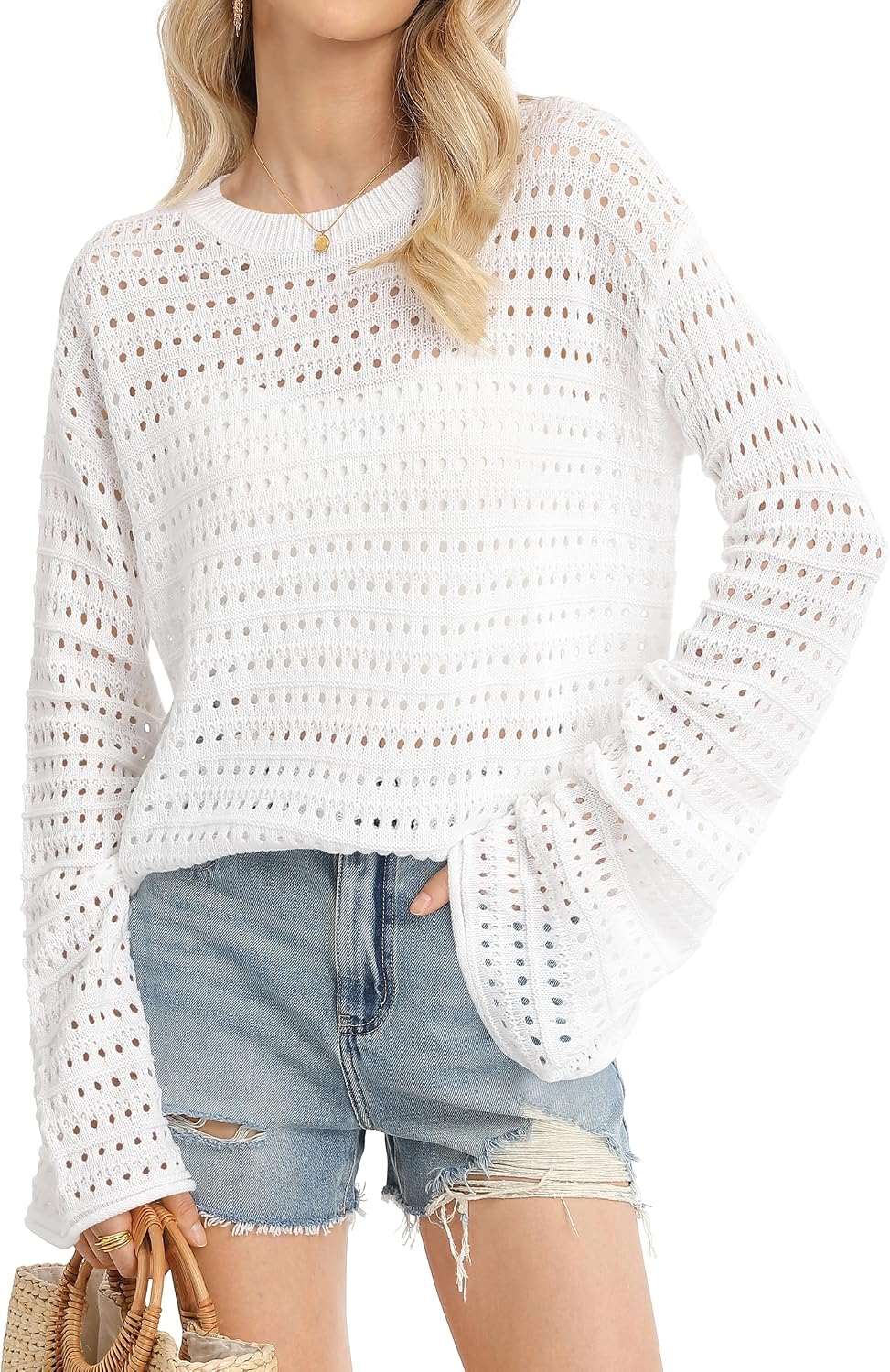 QUALFORT Womens Crochet Sweaters Long Sleeve Lightweight Hollow Out Knit Casual Soft Pullover Spring Summer Tops