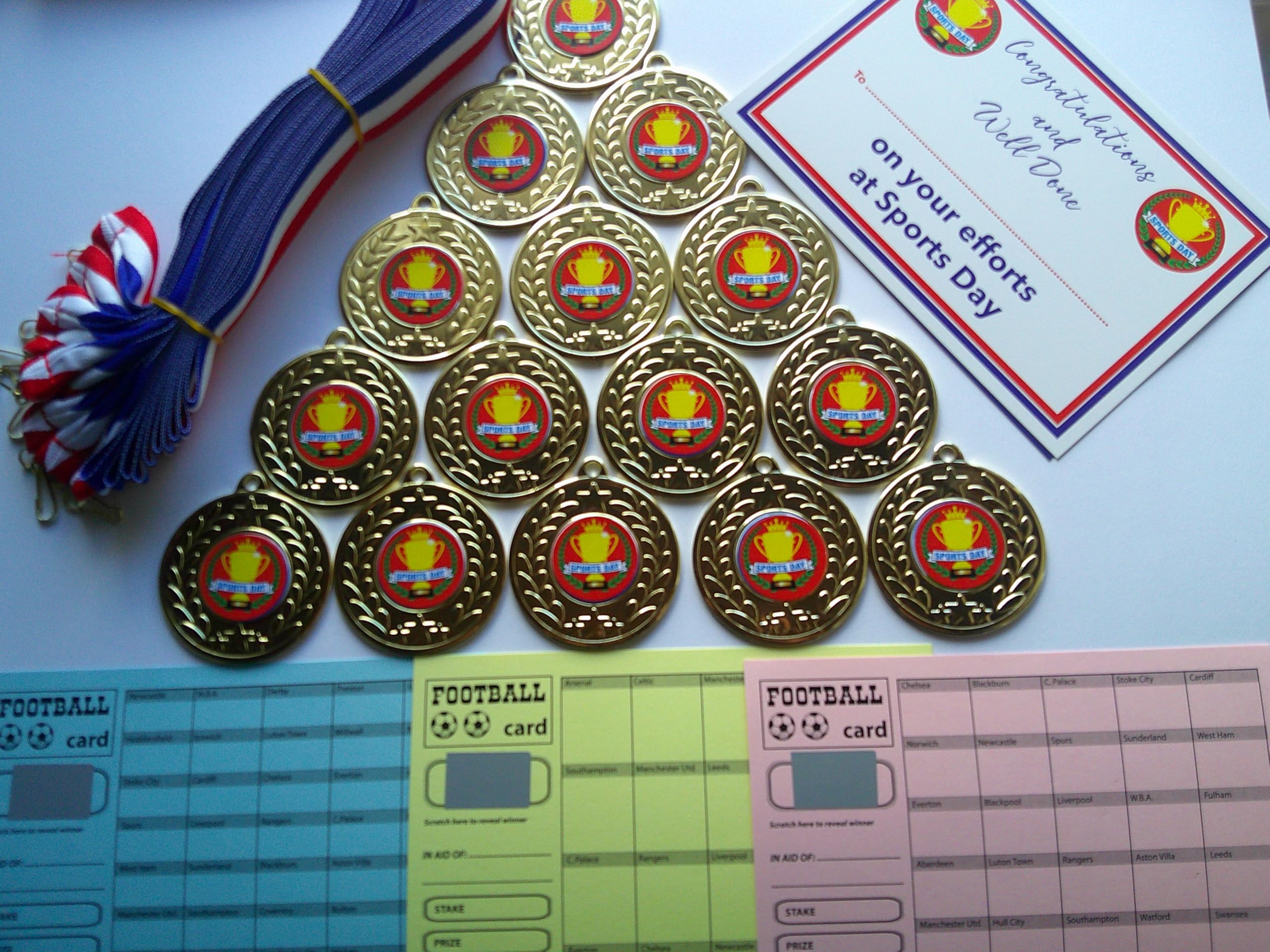 SPORTS DAY MEDAL SET (red) - 15 metal 50mm MEDALS WITH RIBBONS/CERTIFICATES/SCRATCH CARDS= raise funds!