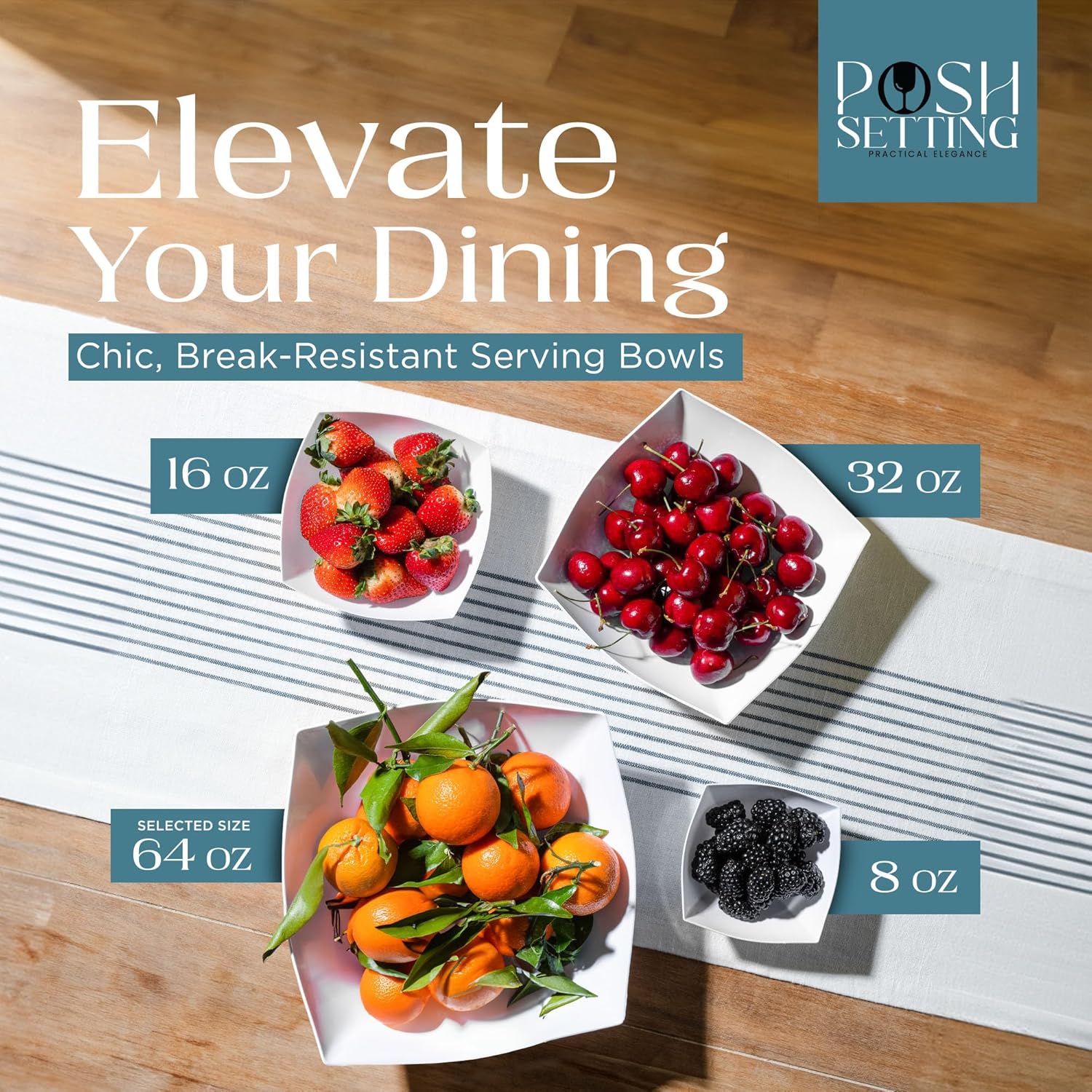 Posh Setting White Plastic Serving Bowls Disposable - Square Bowls - Square Candy Bowl - Plastic Snacks & Chip Bowls for Parties - White, Gold & Clear, Black Serving Dishes, 64 OZ, 4 Pack - Image 3