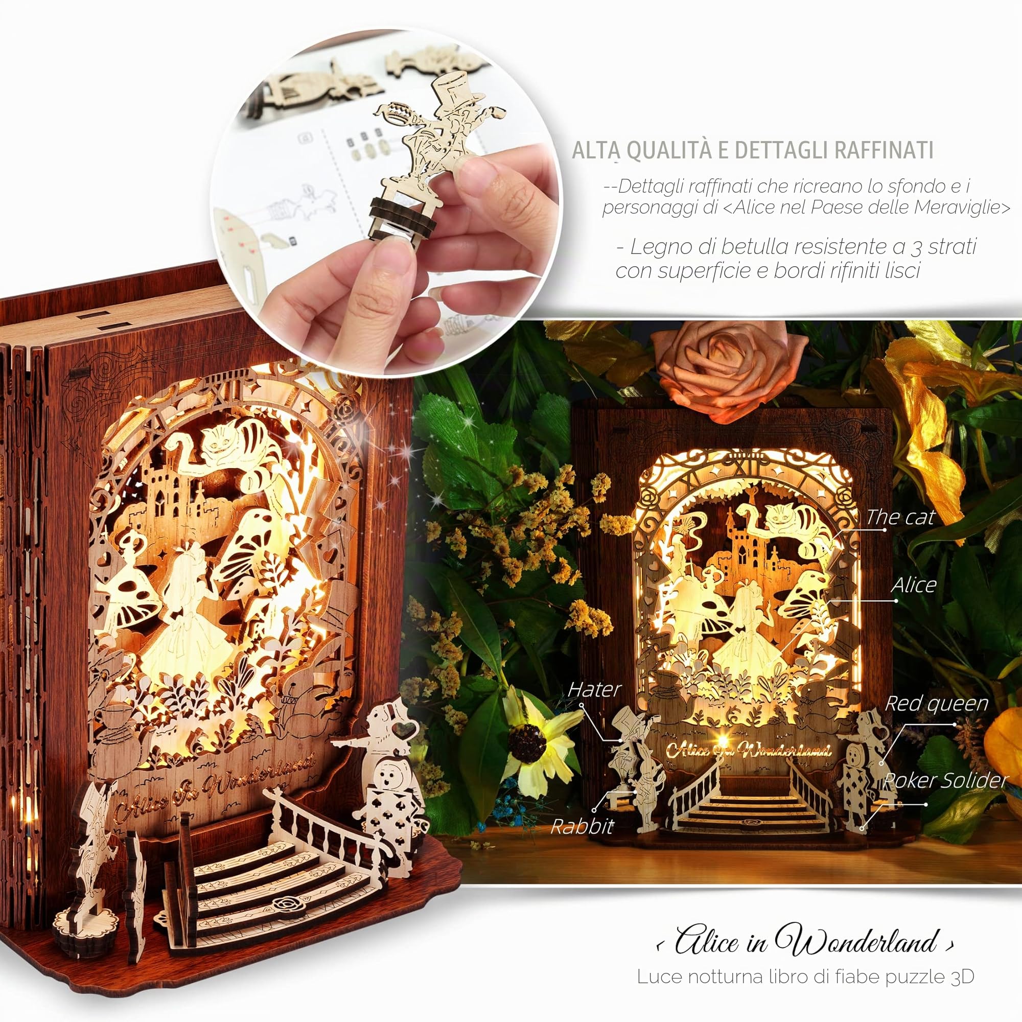 FUNPOLA Alice nel Paese delle Meraviglie Puzzle 3D Luce Notturna – Lampada da Libro LED 3D Fai da Te – Puzzle in Legno 3D Lampada Decorativa per Bambini e Adulti