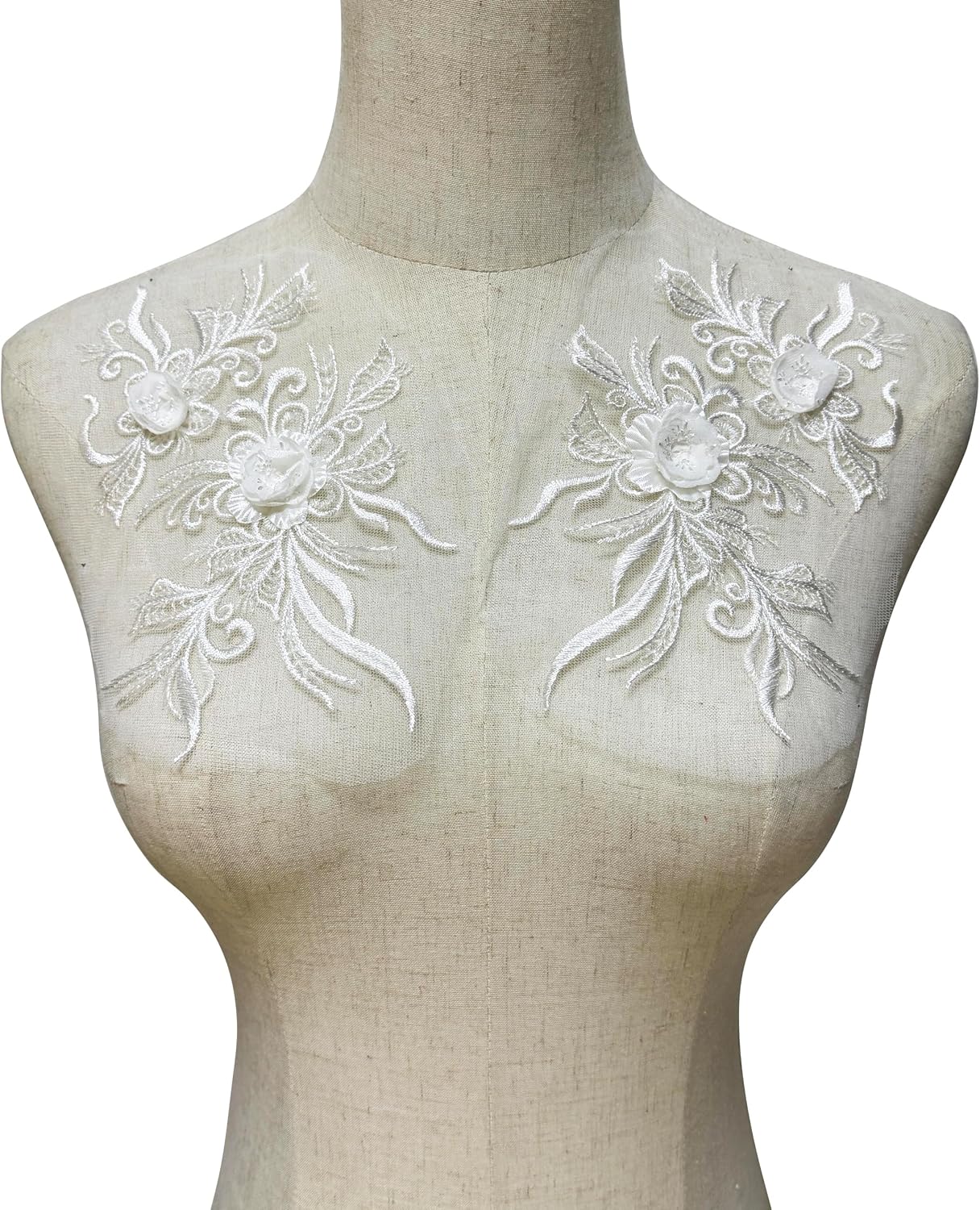 1 Pair White 3D Sequin Beaded Flower Sew on Embroidered Lace Applique Wedding Dress Bride's Gown Headdress Adornment DIY Patch Clothing Accessories 8Inch*4Inch
