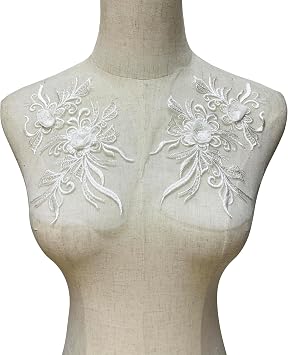 1 Pair White 3D Sequin Beaded Flower Sew on Embroidered Lace Applique Wedding Dress Brides Gown Headdress Adornment DIY Patch Clothing Accessories 8Inch*4Inch