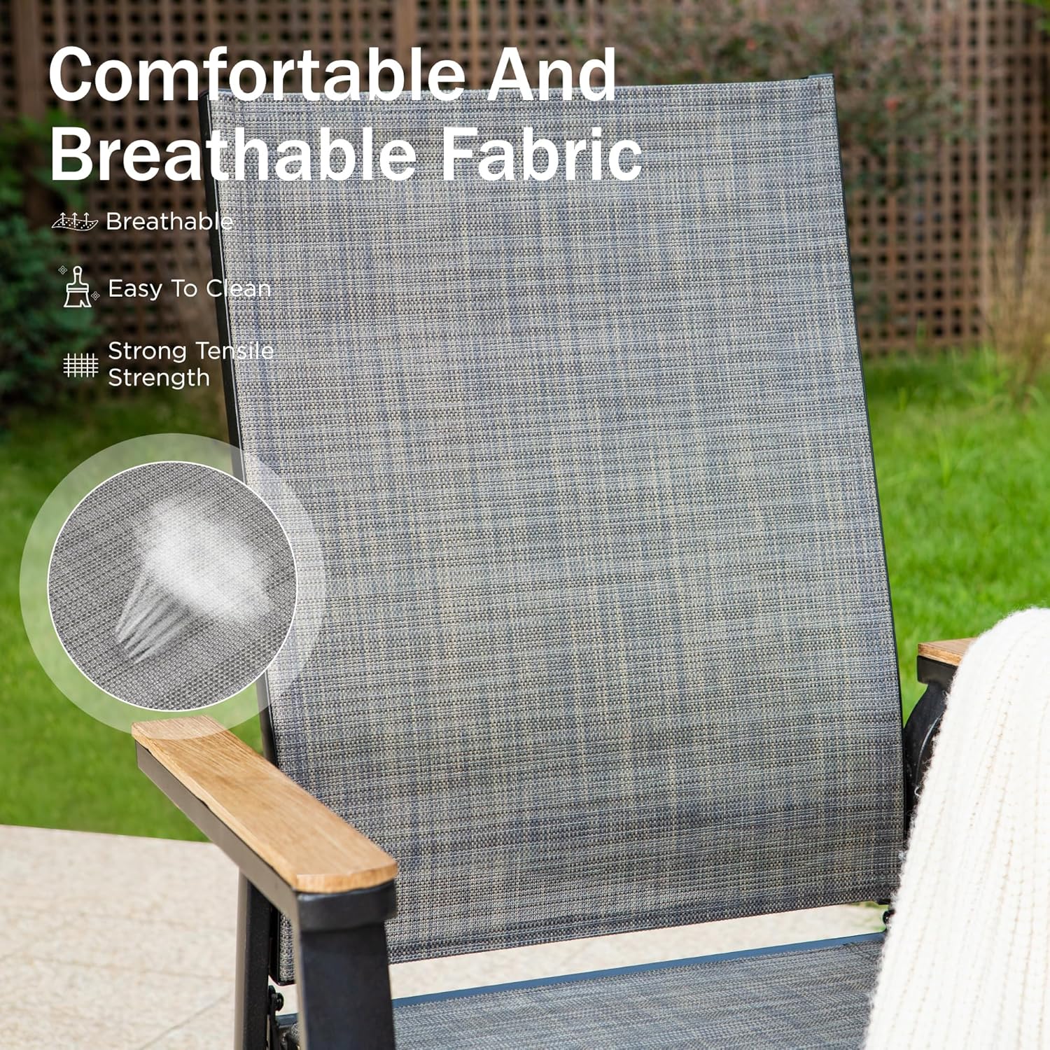 Close-up of the breathable Textilene fabric on a patio chair.
