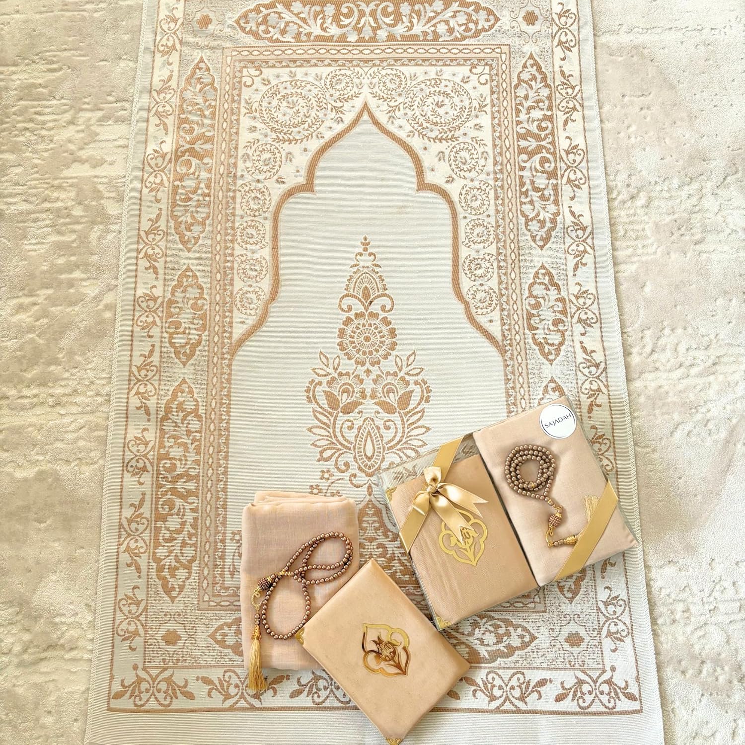 SAJADAH Muslim Prayer Rug Set - 4 in One Islamic Gifts Set, Prayer Mat, Prayer Beads, Hijab, Surahs Book,Eid Gifts