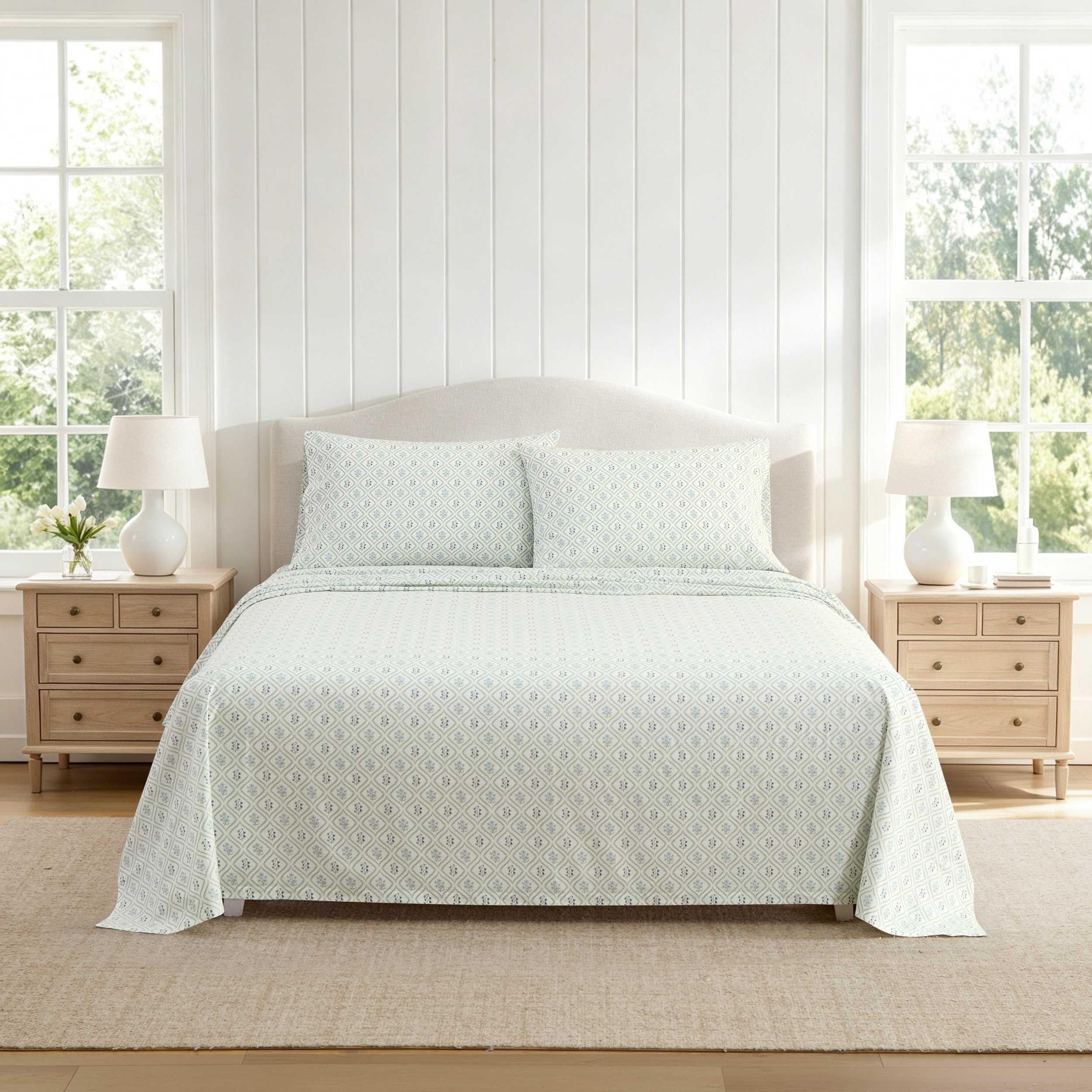Martha Stewart - Full Sheet Set with Fitted Sheet &amp; Pillowcases, Cotton Percale Bedding with a Smooth Feel, Deep Pocket, Costa Blue