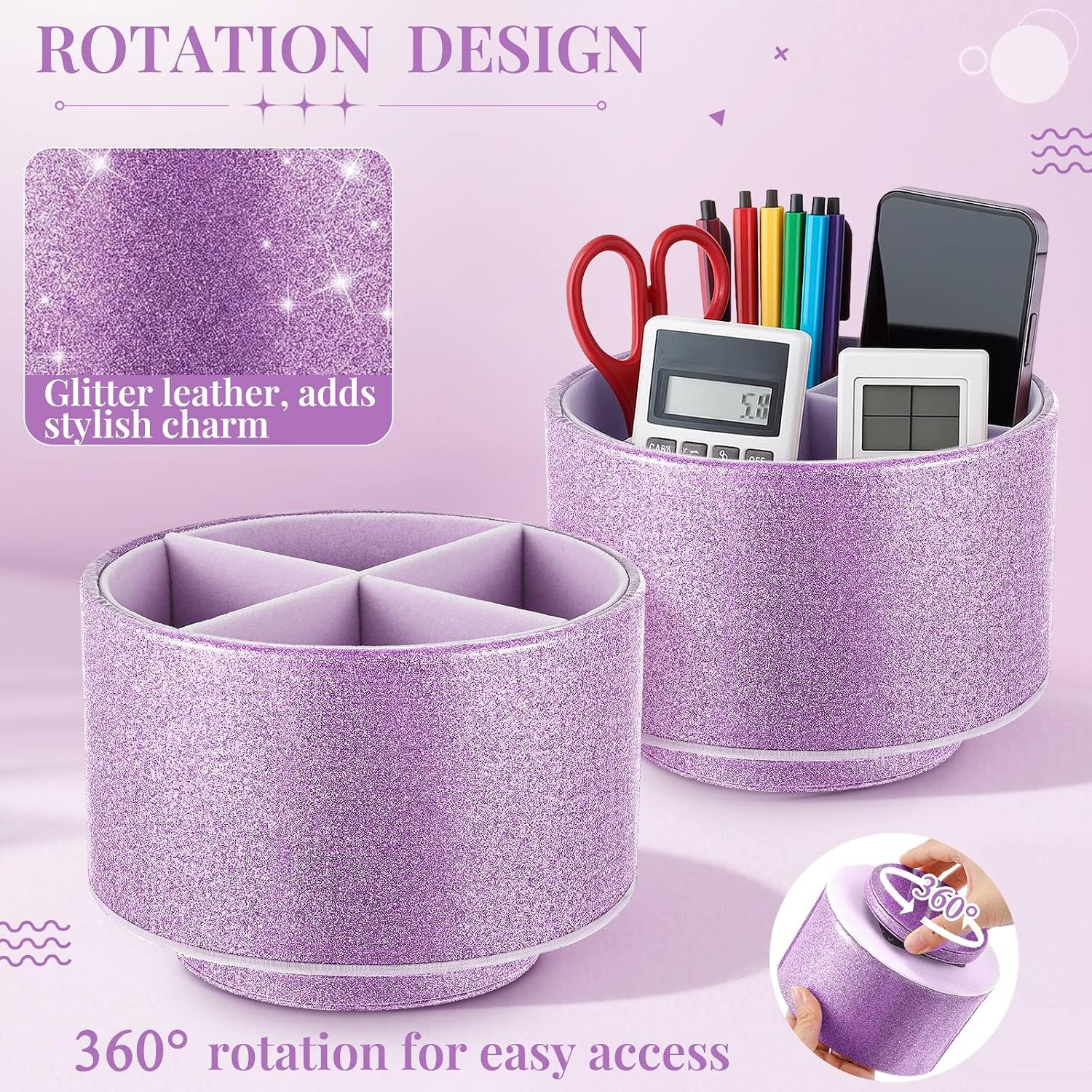 Epakh Bling Pen Holder 360 Spinning 6 Inch 4 Compartments Purple image 5