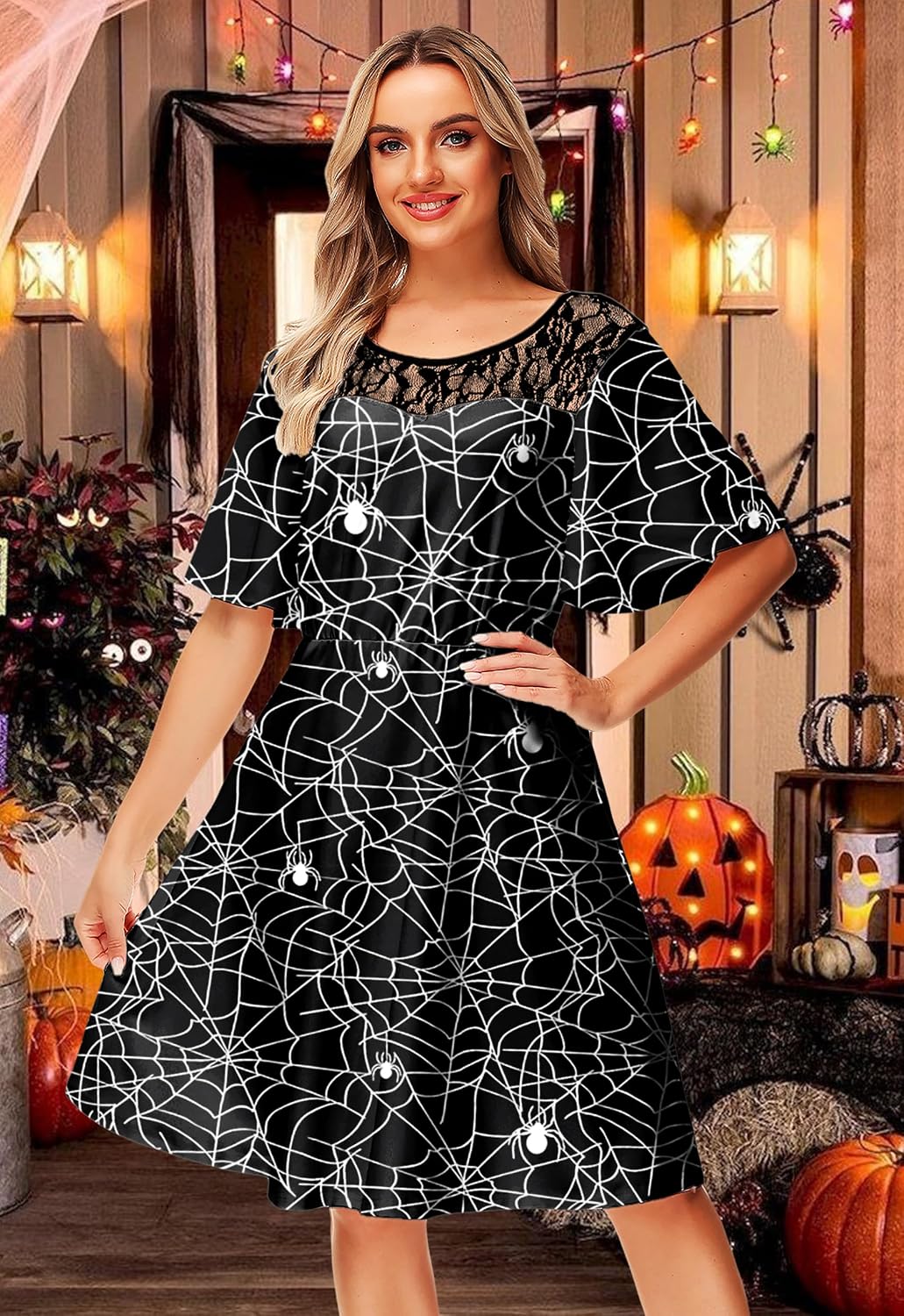 AOBUTE Women Halloween Dress Lace Flutter Sleeve A-Line Party Dresses