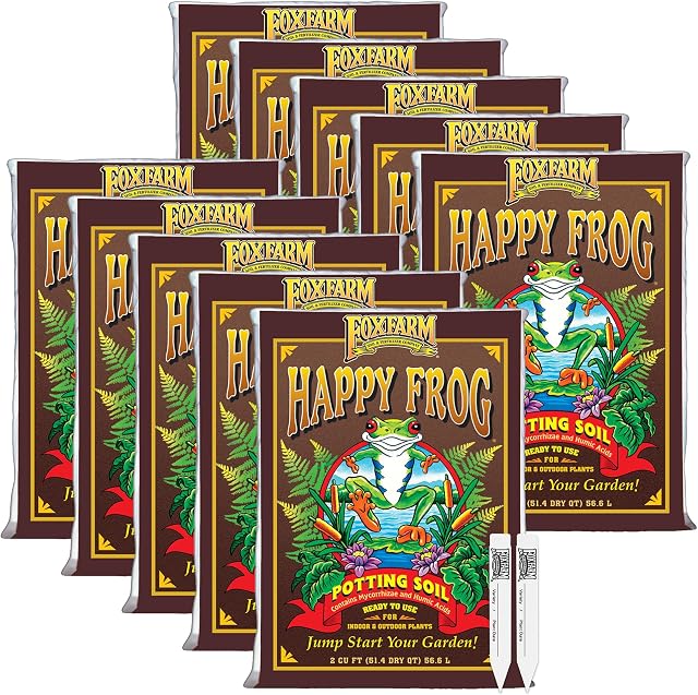 FoxFarm Happy Frog Potting Soil with 2 Plant Tags, 2cu ft (10 Pack) | Ready-to-Use Amended Container Blend with Soil Microbes, Earthworm Castings, Bat Guano, and Aged Forest Products