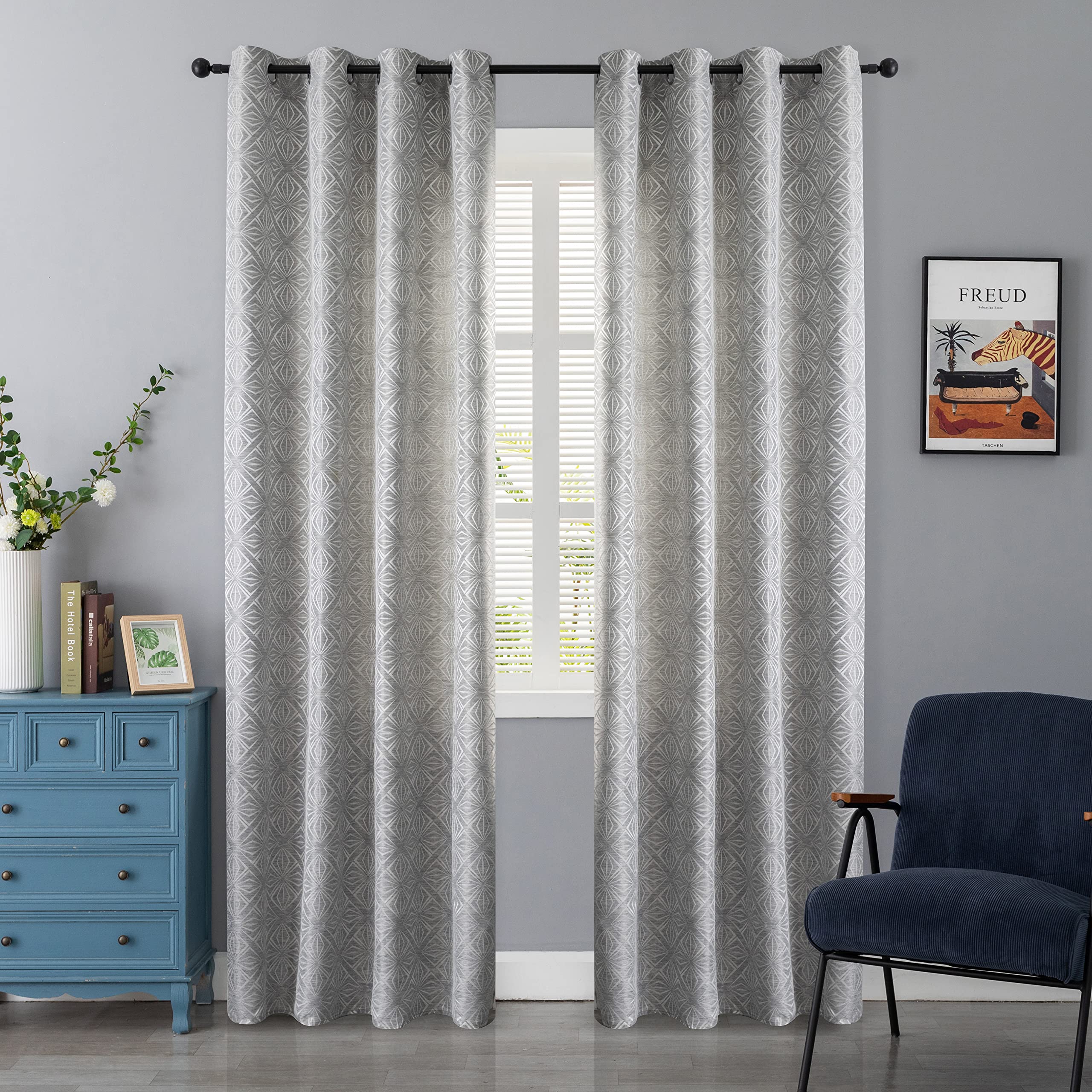 GIRASOLE HOME Coppia Tende Jacquard Semi Oscuranti Fantasia Rombi Tenda Filtrante per Soggiorno Camera e Interni 2 Pannelli con Occhielli (140x235cm, Grigio)
