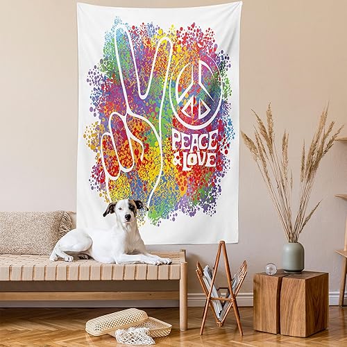Miniatura 2 de Ambesonne Tapiz de fiesta de los años 70, paz hippie y amor y señales, 2 dedos pacifista, diseño colorido, arte para colgar en la pared para