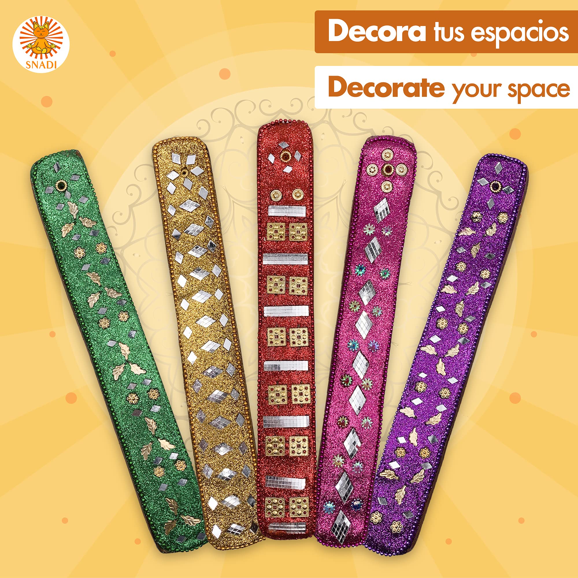 Snadi Set 5 Bruciaincenso In Legno Colorati – Porta Incenso Lunghi 25 Cm, Fatti A Mano In India, Design Hindu Unici, Per Meditazione E Relax