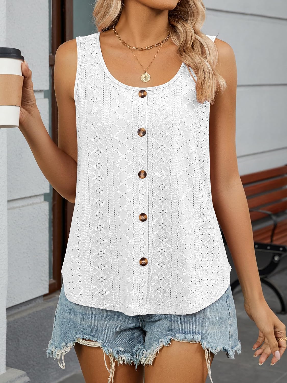 Womens Summer Eyelet Sleeveless Scoop Neck Loose Casual Tank Tops image 2