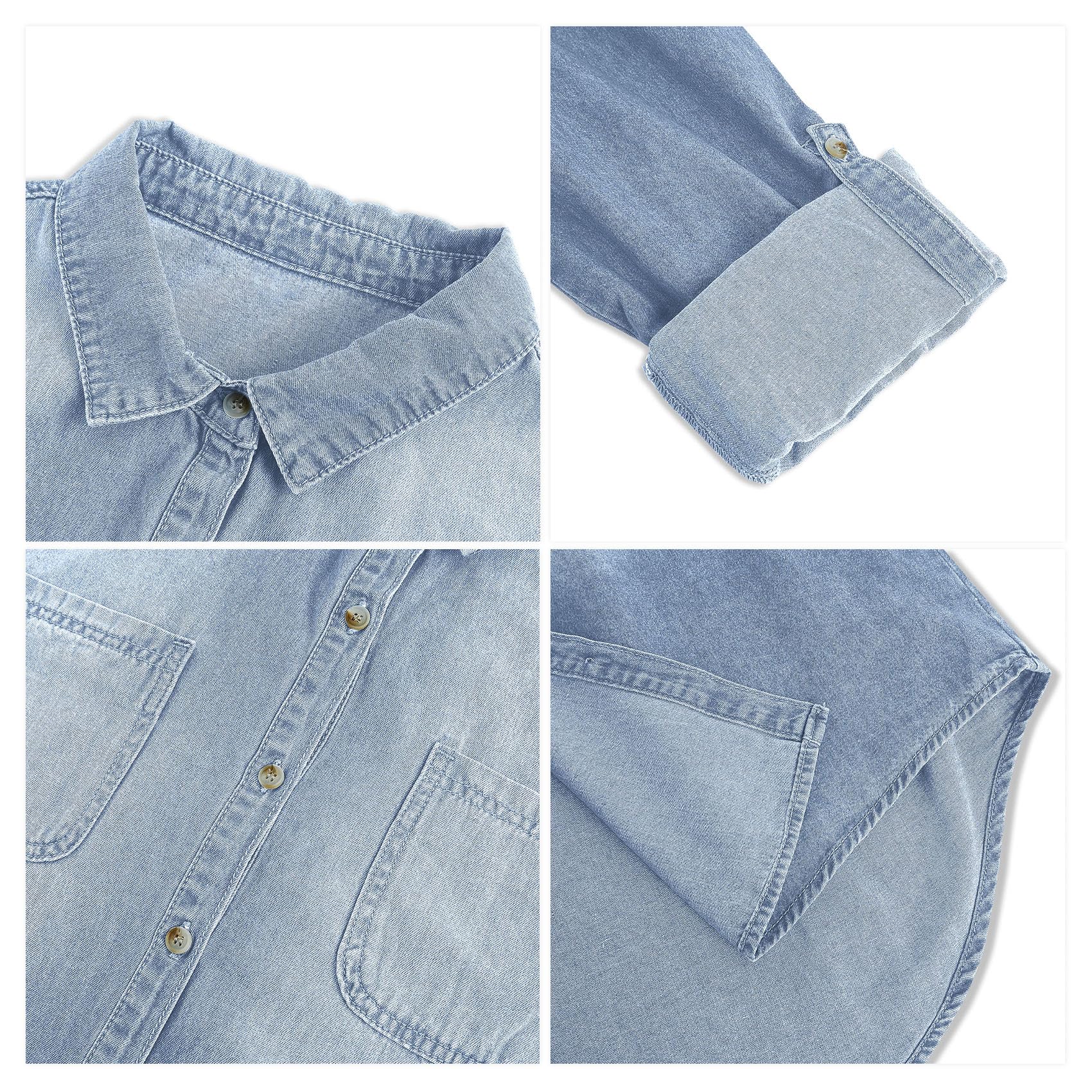 Chemise en jean boutonnée pour femme - Manches longues - Doux - En denim - Décontractée - Printemps - Automne - Avec poches de poitrine
