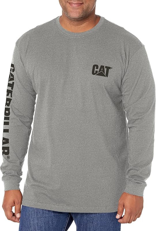 Caterpillar Trademark Banner Long Sleeve Tee Shirts for Men with Center Back Neck Wire Management Loop and Cat Workwear Logo