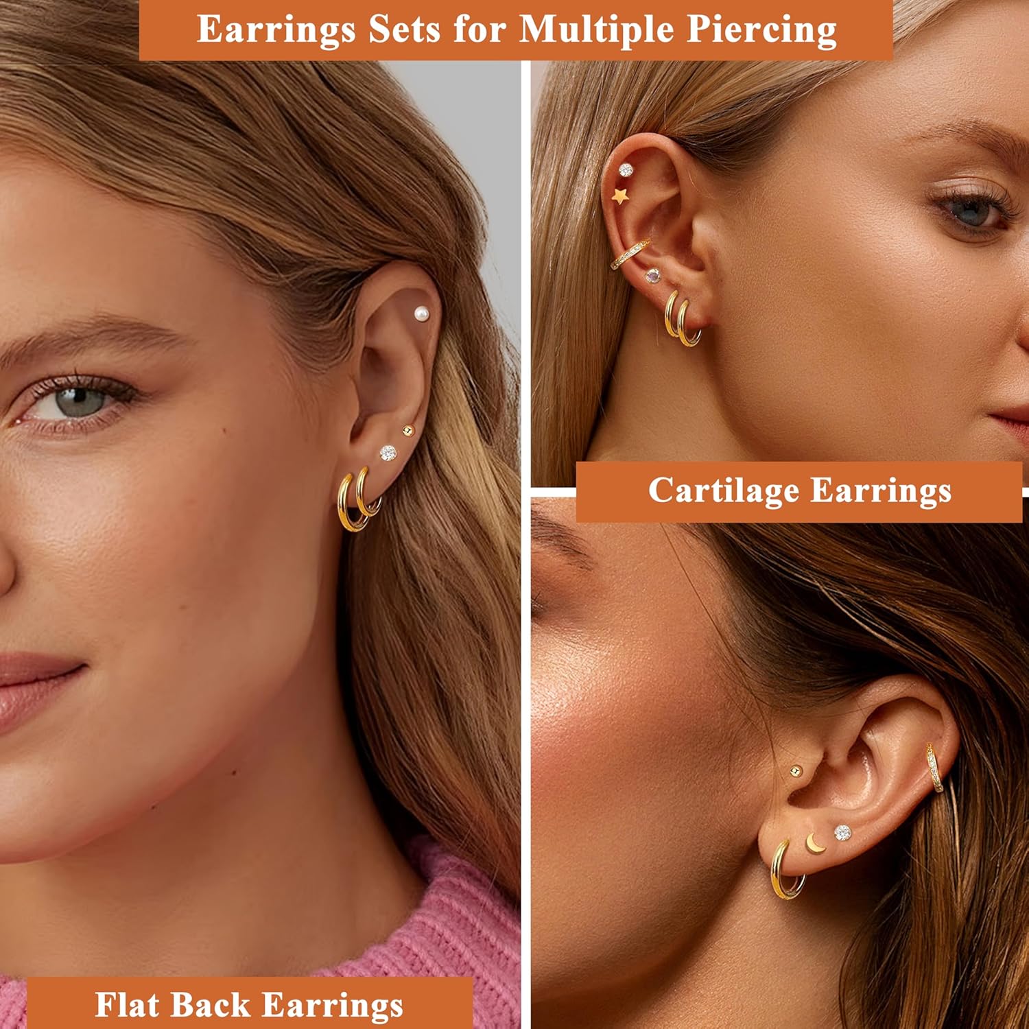 Grace Whisper 15 Pairs Flat Back Stud Earrings For Women Men 14K Gold Plated Hypoallergenic Surgical Steel Flatback Stud Earrings Cartilage Helix Tragus Conch Hoop Earrings Set for Multiple Piercing Jewelry - Image 4