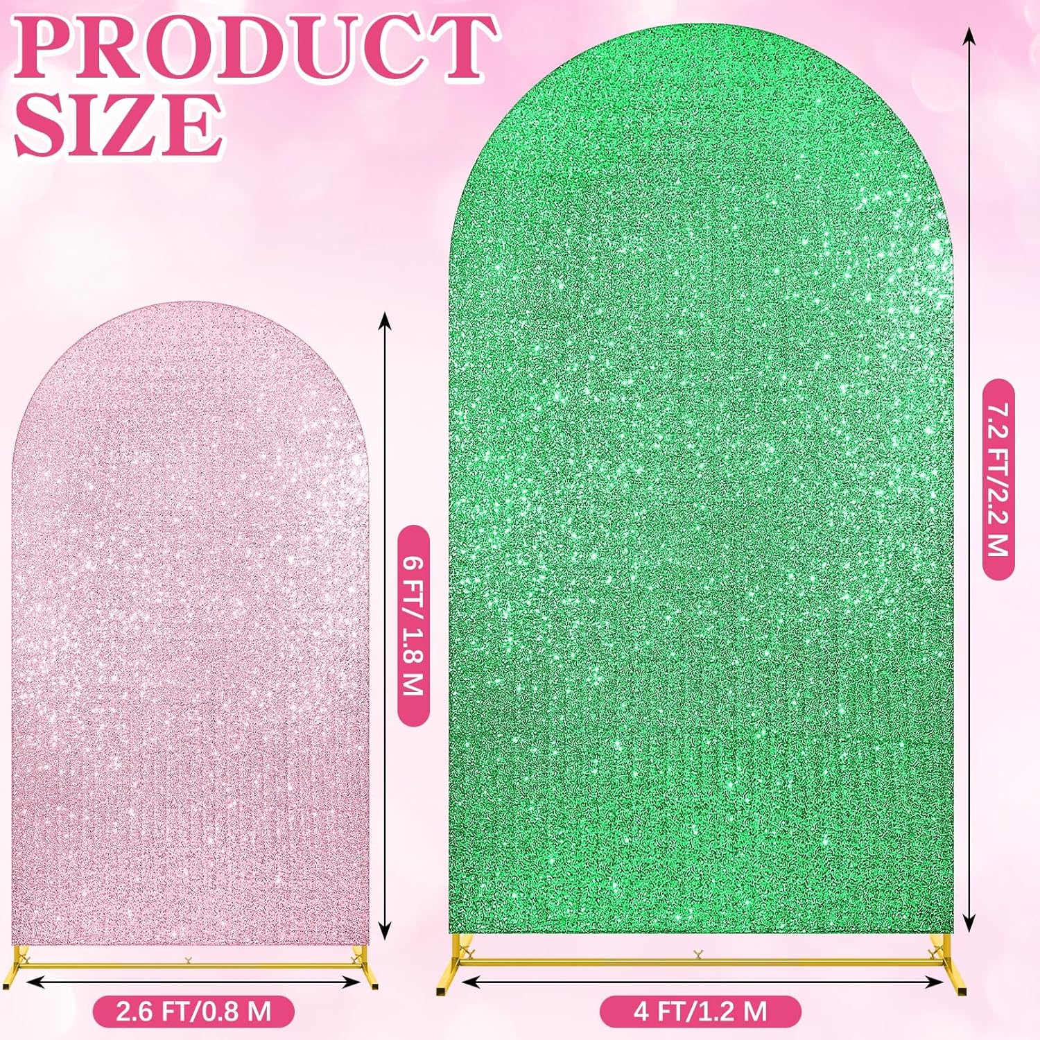 Sequin Green and Pink Arch Backdrop Cover Set of 2 Witch Themed Party Decorations Backdrop Stand Cover 6ft, 7.2ft for Witch and Princess Musical Theatre Birthday Party Supplies