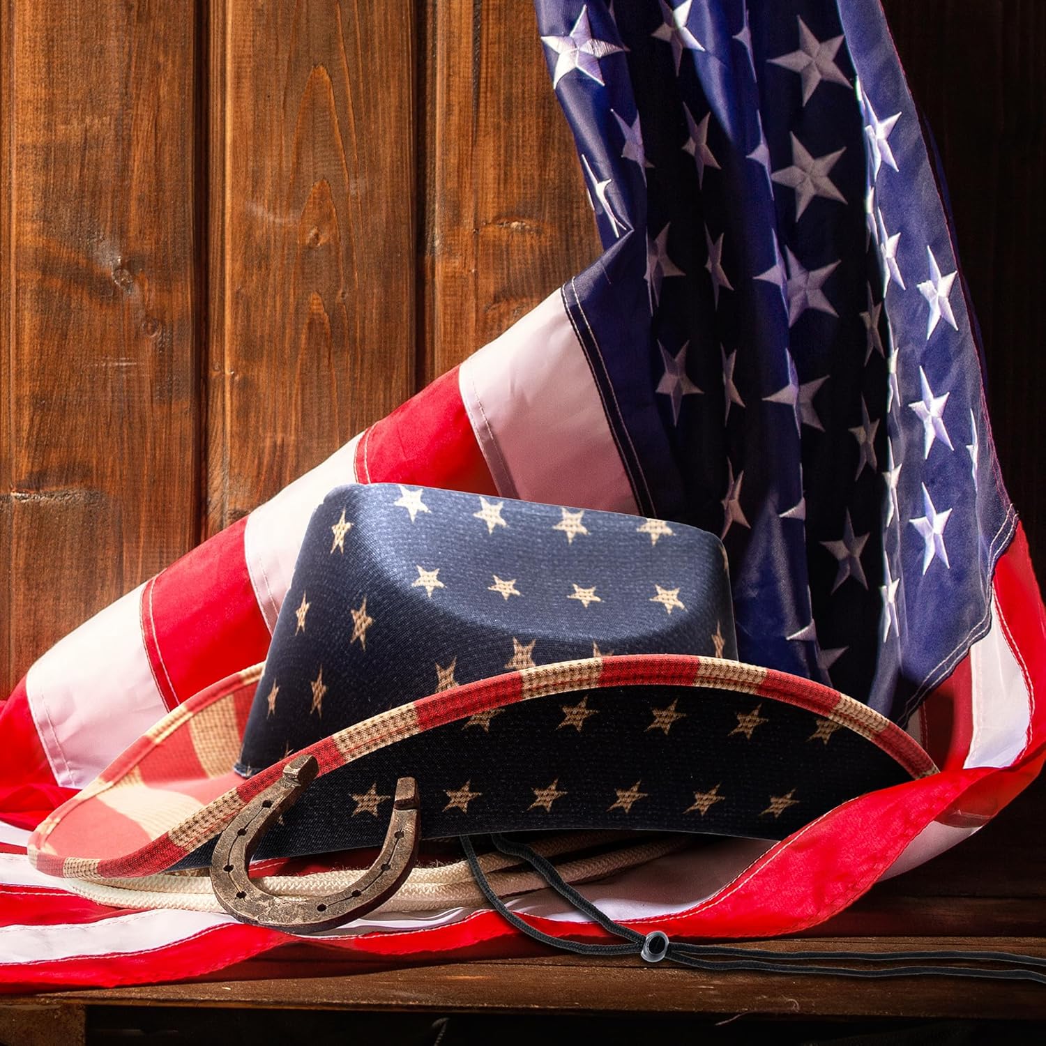 Windy City Novelties Vintage Tea-Stained American Flag Cowboy Hat – Small 21" with chin strap - Image 5