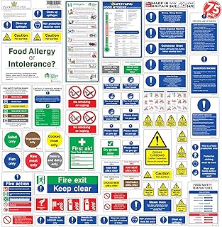 SAFETYKING 75pcs Kitchen Safety Signs & Food Hygiene Stickers, Food Safety Stickers - Self-Adhesive Vinyl Safety Labels for Kitchens, Made in the UK for Hygiene & Compliance