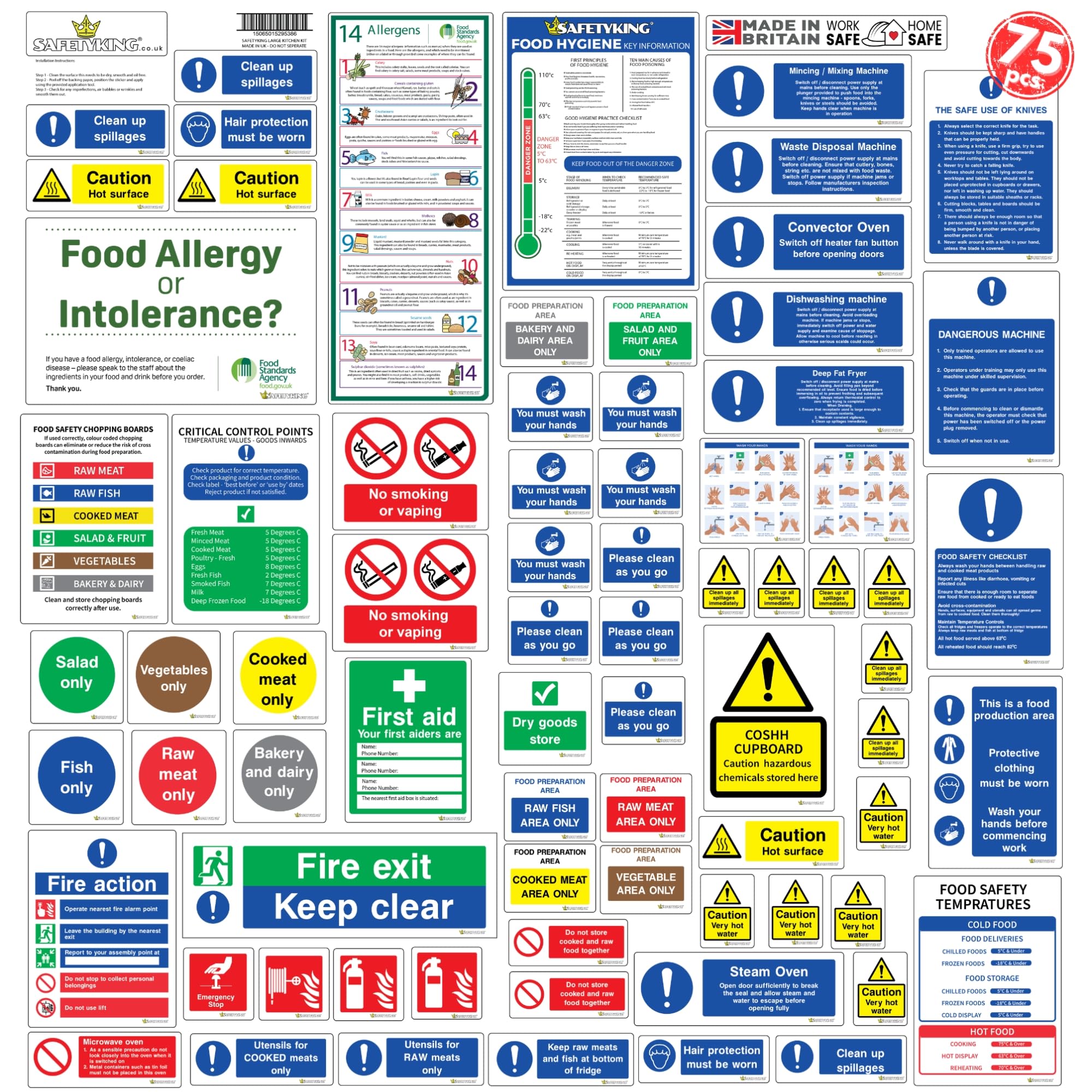SAFETYKING 75pcs Kitchen Safety Signs & Food Hygiene Stickers, Food Safety Stickers - Self-Adhesive Vinyl Safety Labels for Kitchens, Made in the UK for Hygiene & Compliance