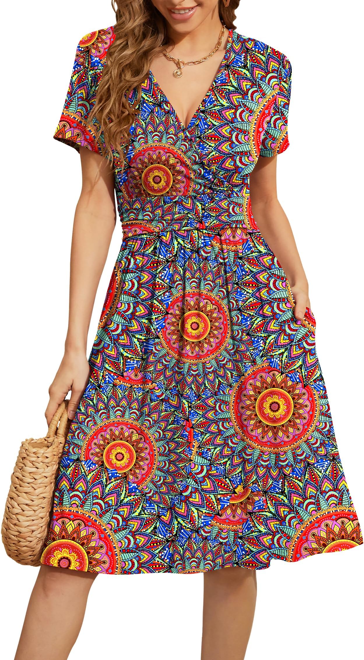 WEACZZY Women's Summer Short Sleeve Casual Dresses V-Neck Floral Party Dress with Pockets