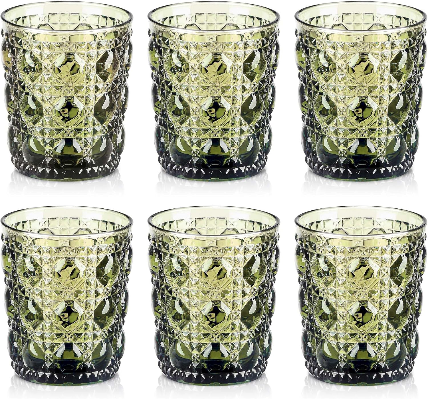 Joeyan Vintage Small Drinking Glasses,Green Embossed Colored Gemstone Water Glass Tumbler,Cocktail Juice Whiskey Milk Wine Glassware Cups,11 oz,Set of 6,Dishwasher Safe