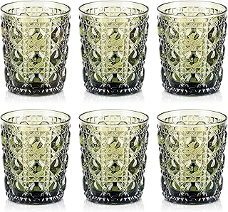 Joeyan 320ml Vasos de Cristal agua Colores, Juego de 6 Unidades Verde Vasos de Vidrio con Relieve Gemas, Decoración Modernos Cristalería para Refrescos,Café,Té,Zumo,Leche,Cócteles, Apto Lavavajillas