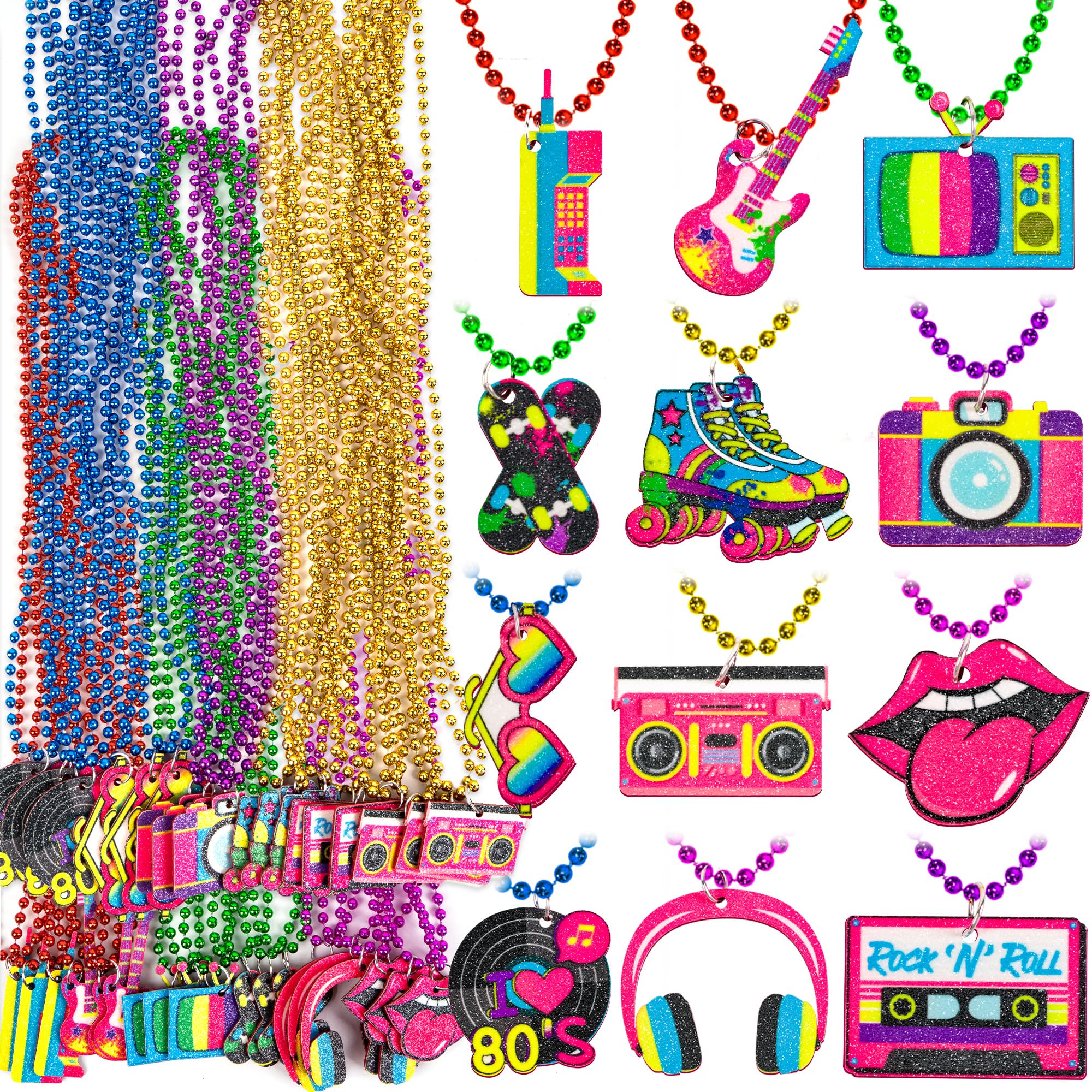 Moon Boat 36PCS 80s Party Decorations Favors: Retro Disco Rock Beads Bulk for Women, 1980s 80's Theme Accessories Supplies