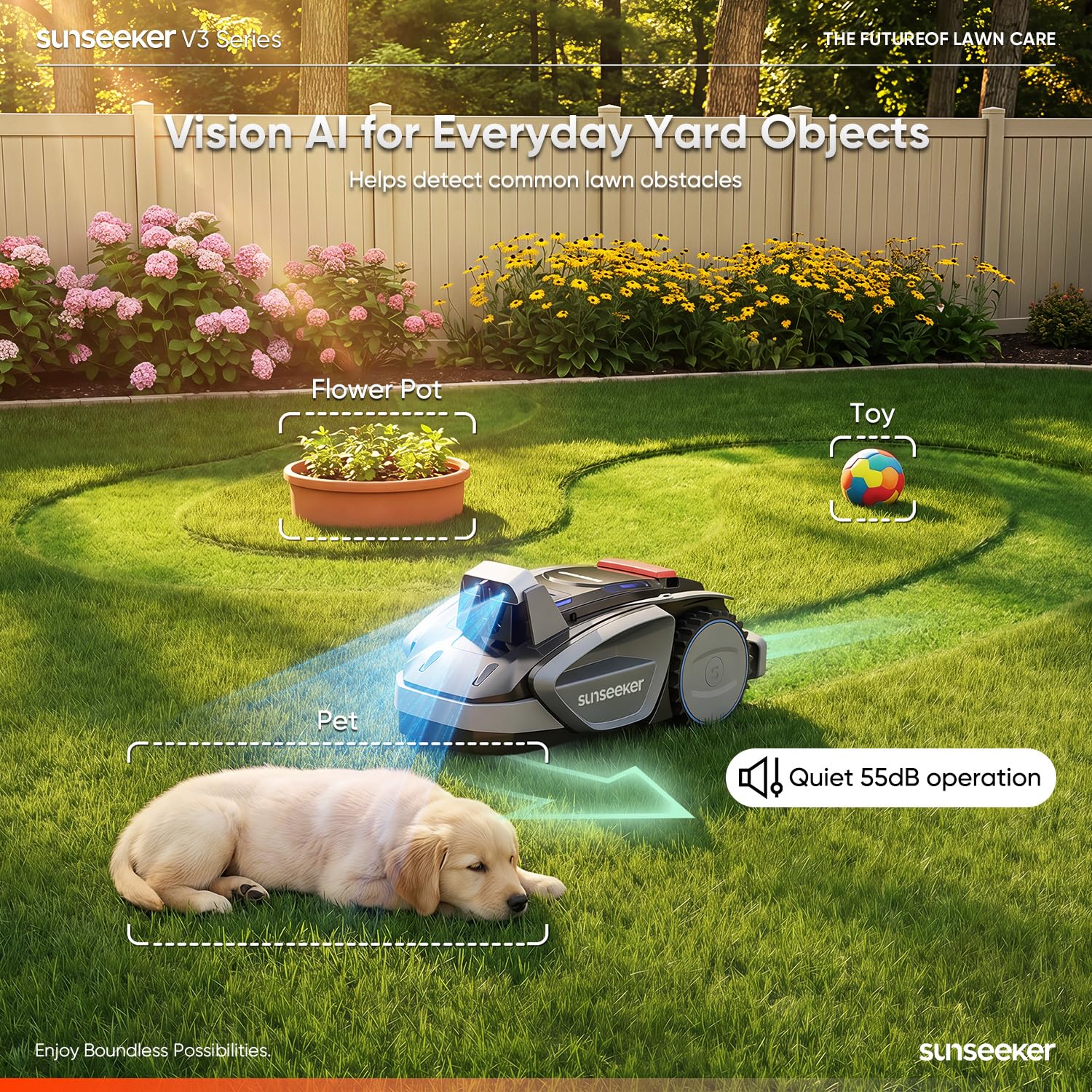 SUNSEEKER V3 - Cortacésped Robot inalámbrico de 0.15 Acre/6.400 pies Cuadrados, cortadora de césped automática Vision AI, cortadora de césped con un Solo Clic, prevención Inteligente de obstáculos,