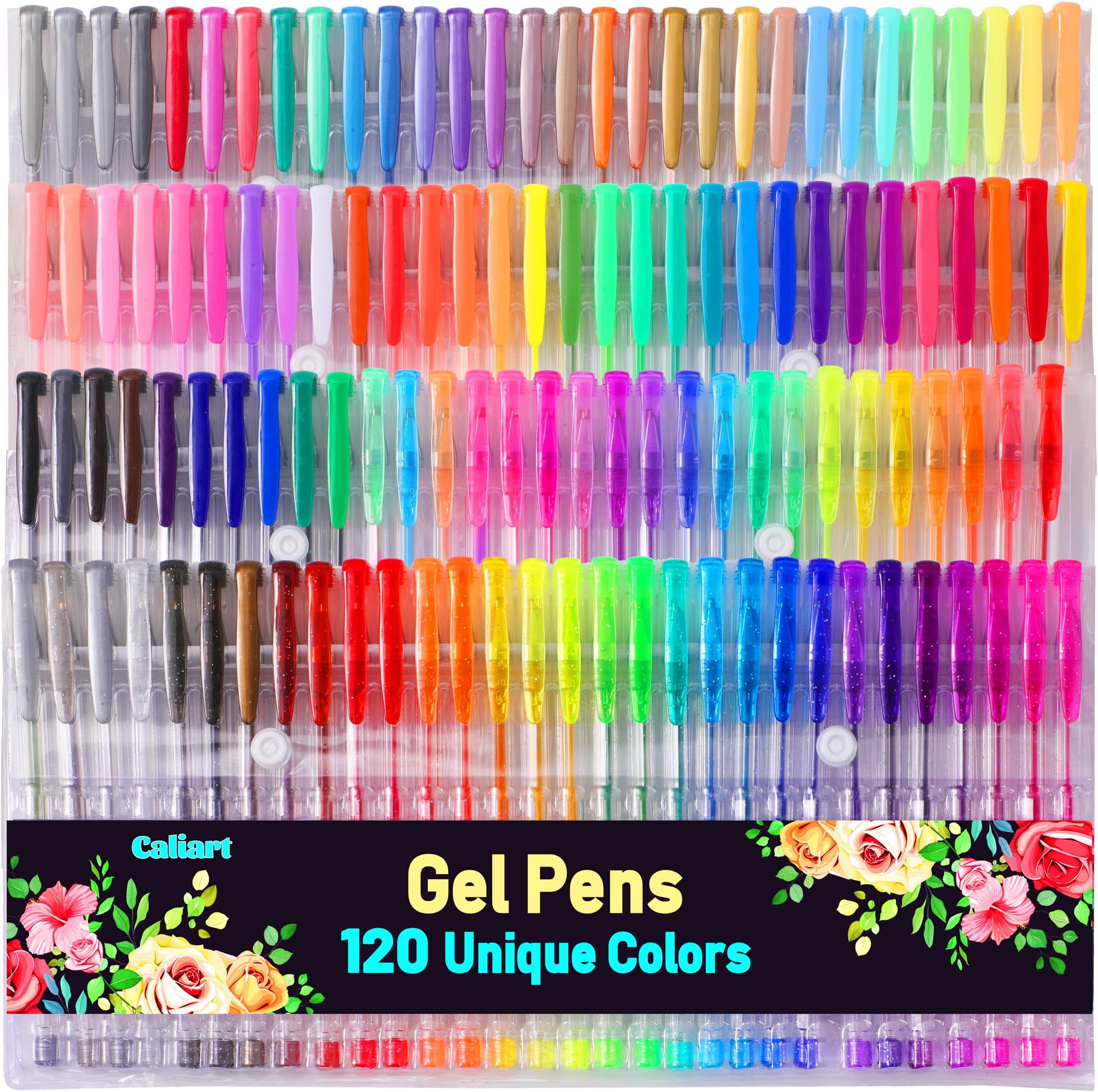 Caliart 120 Colors Gel Pens, Colored Neon Glitter Pen Set for Coloring Books, 40% More Ink Fine Point, Gifts for Adults Drawing Journaling Scrapbook Art Supplies